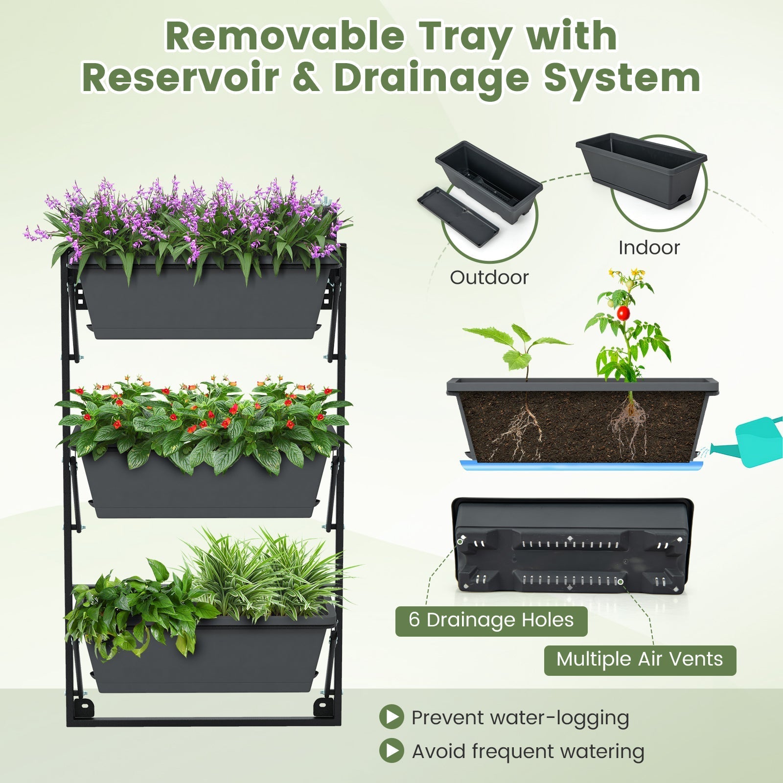 Hanging Vertical Planter Wall-mounted Adjustable with Detachable Hooks-Black - Cheeky Garden