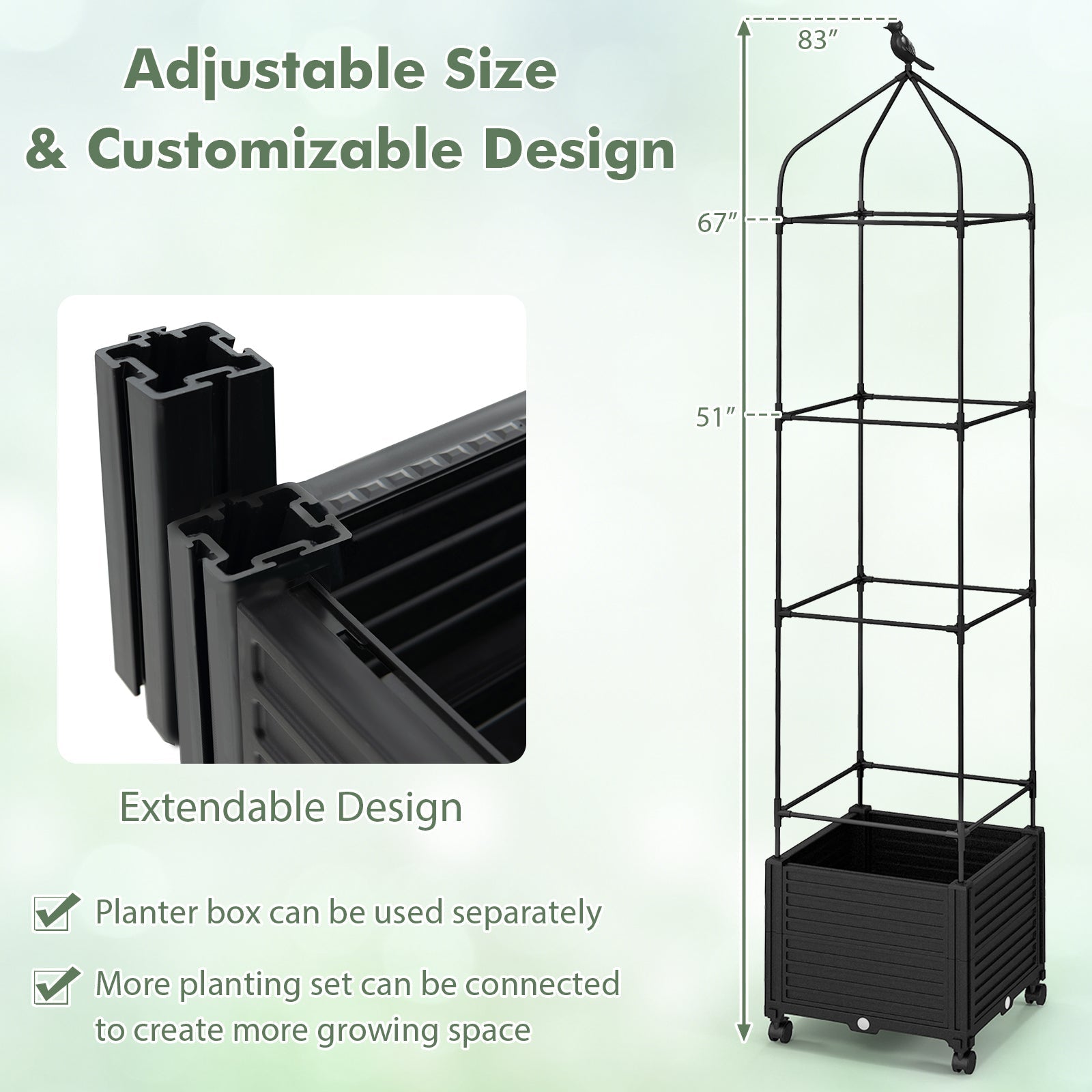 Indoor Outdoor Raised Garden Bed with Trellis and Self-Drainage and Wheels-Black - Cheeky Garden