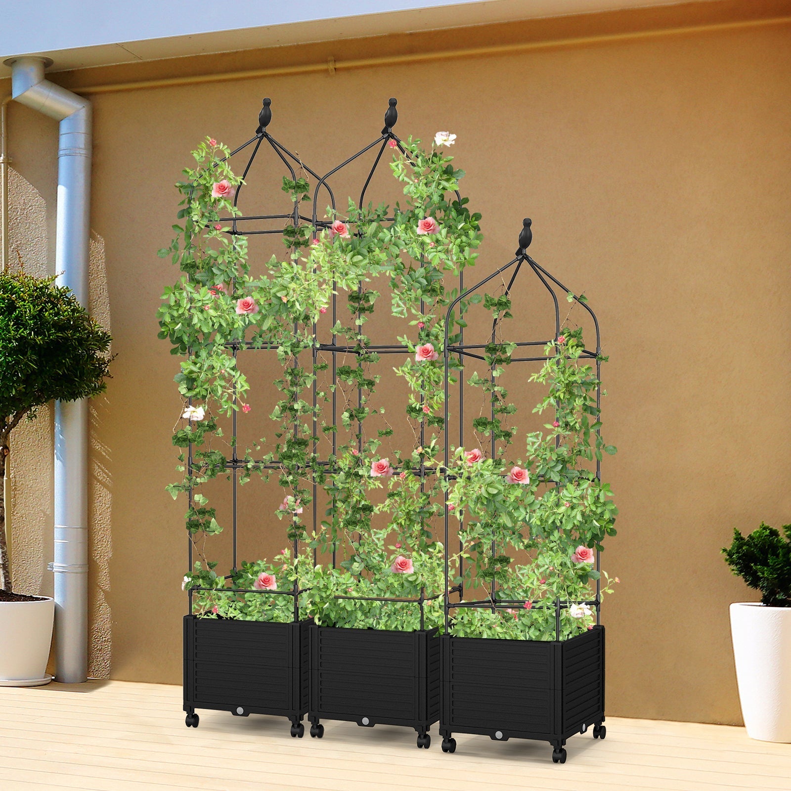 Indoor Outdoor Raised Garden Bed with Trellis and Self-Drainage and Wheels-Black - Cheeky Garden