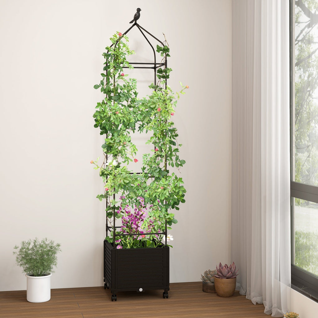 Indoor Outdoor Raised Garden Bed with Trellis and Self-Drainage and Wheels-Black - Cheeky Garden