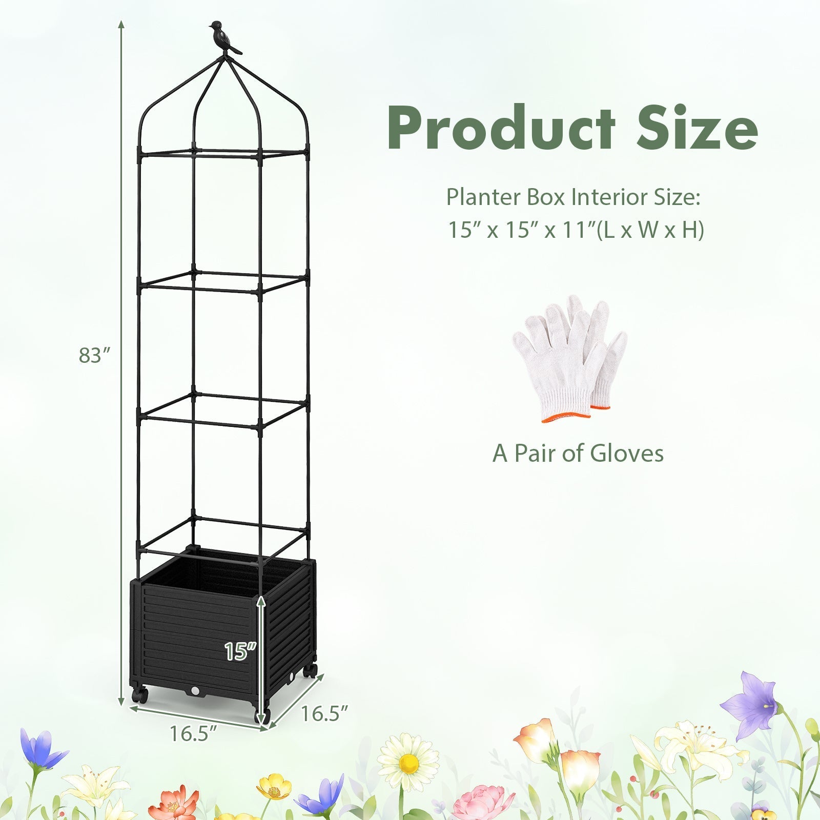 Indoor Outdoor Raised Garden Bed with Trellis and Self-Drainage and Wheels-Black - Cheeky Garden