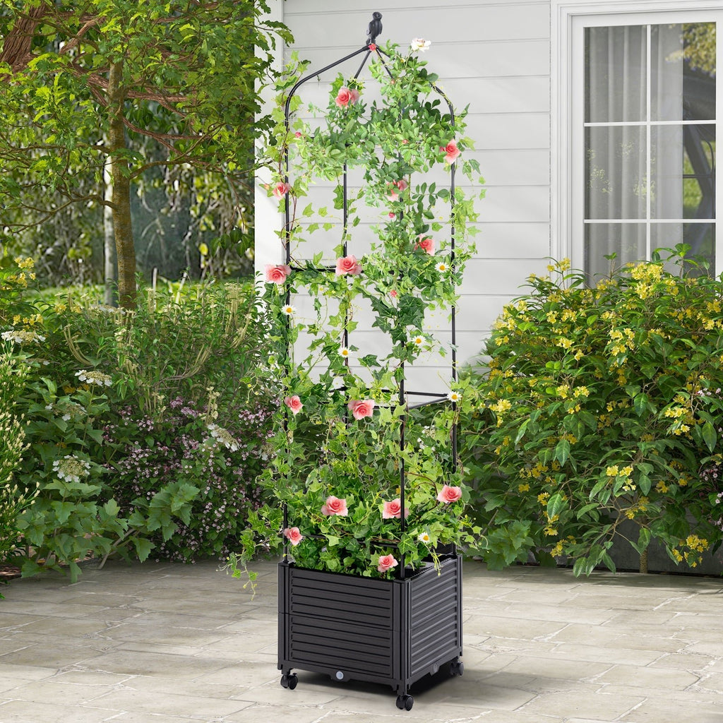 Indoor Outdoor Raised Garden Bed with Trellis and Self-Drainage and Wheels-Black - Cheeky Garden
