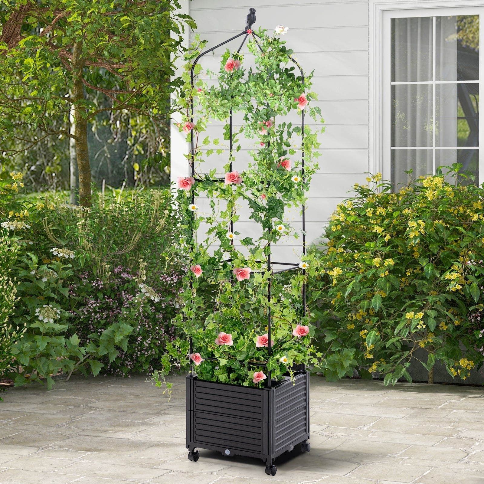 Indoor Outdoor Raised Garden Bed with Trellis and Self-Drainage and Wheels-Black - Cheeky Garden