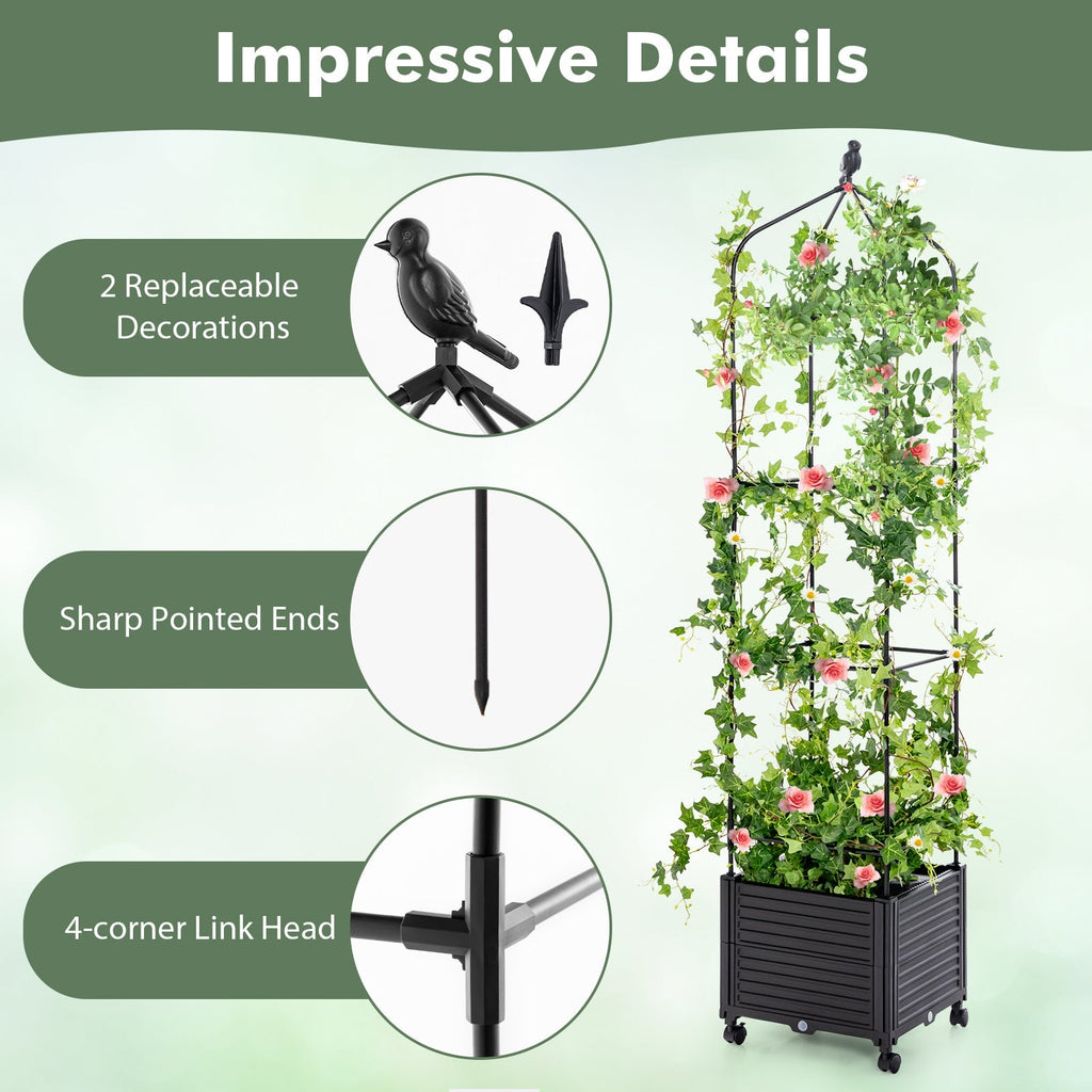 Indoor Outdoor Raised Garden Bed with Trellis and Self-Drainage and Wheels-Black - Cheeky Garden