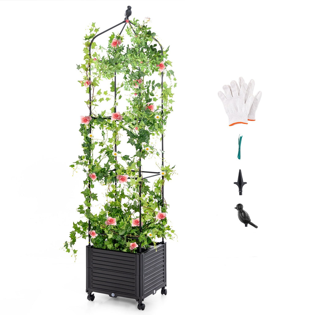 Indoor Outdoor Raised Garden Bed with Trellis and Self-Drainage and Wheels-Black - Cheeky Garden