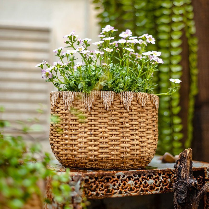 Lady Straw Basket Cement Planter - Cheeky Garden