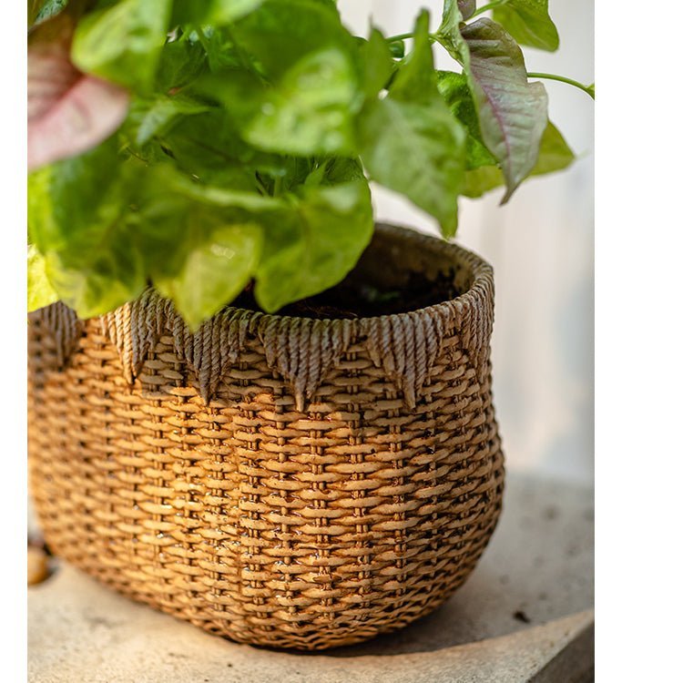 Lady Straw Basket Cement Planter - Cheeky Garden