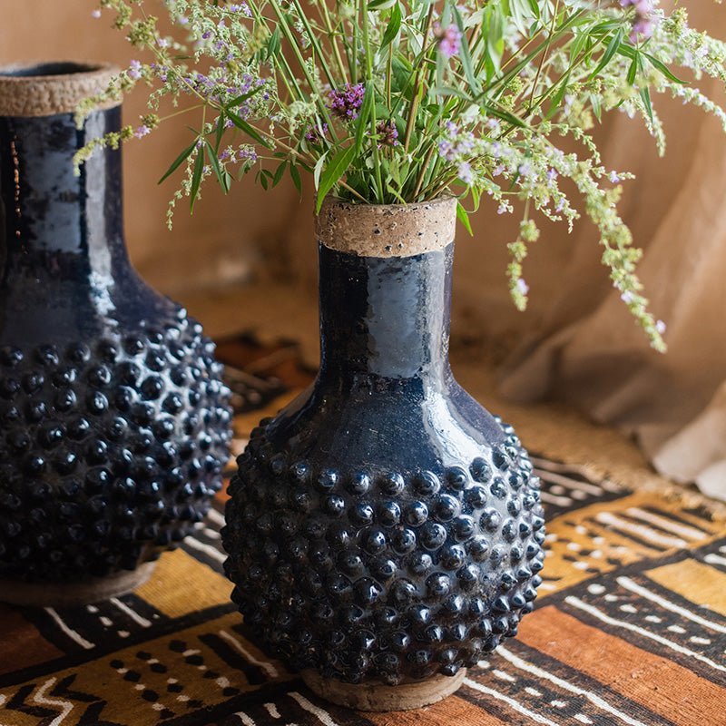 Large South East Asia Navy Blue Domo Coarse Pottery Vase - Cheeky Garden