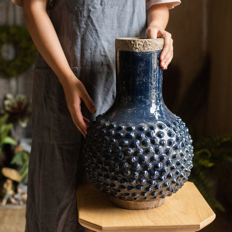 Large South East Asia Navy Blue Domo Coarse Pottery Vase - Cheeky Garden