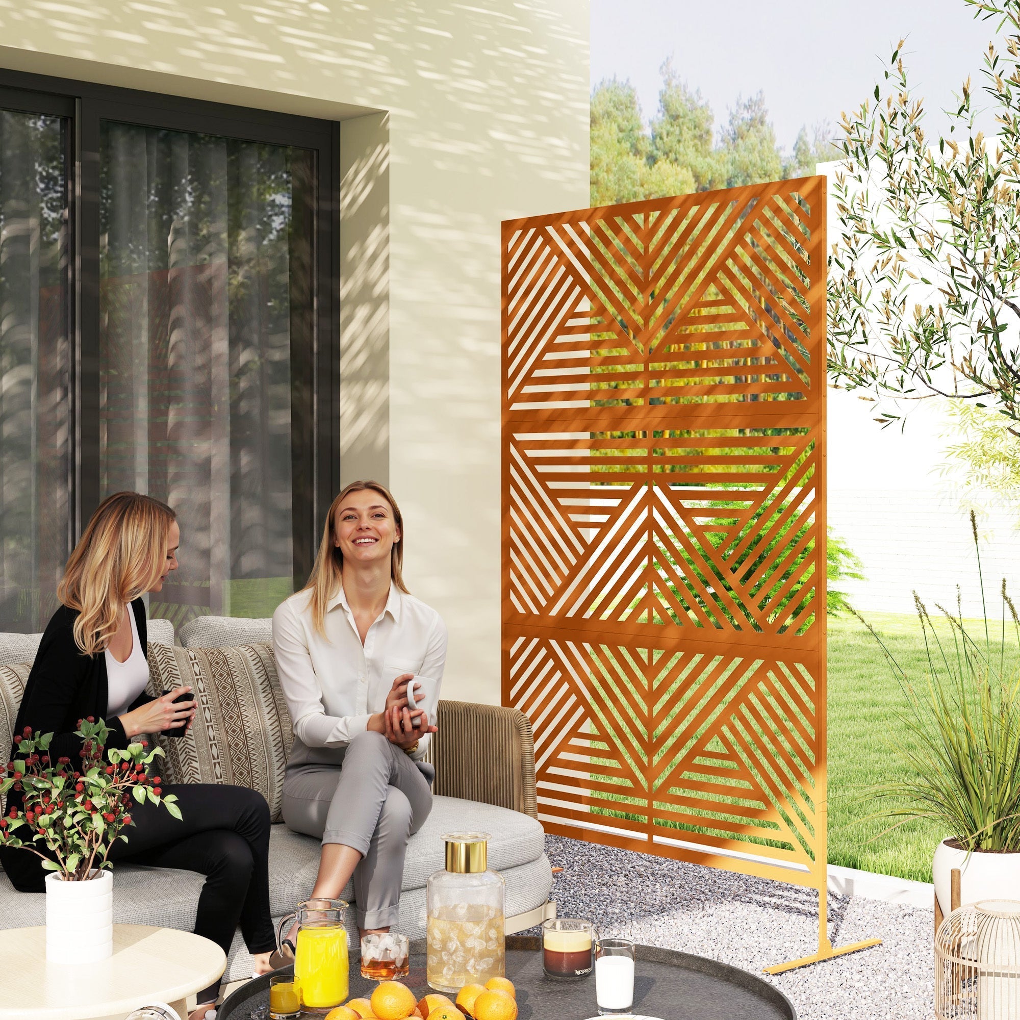 Metal Outdoor Privacy Screen & Plant Trellis with Stand – Rhombus Brown - Cheeky Garden
