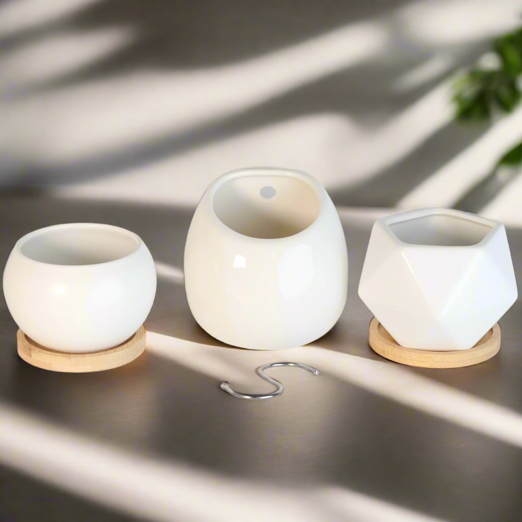 Minimalistic Ceramic White Planter Bundle – Set of 3 - Cheeky Garden