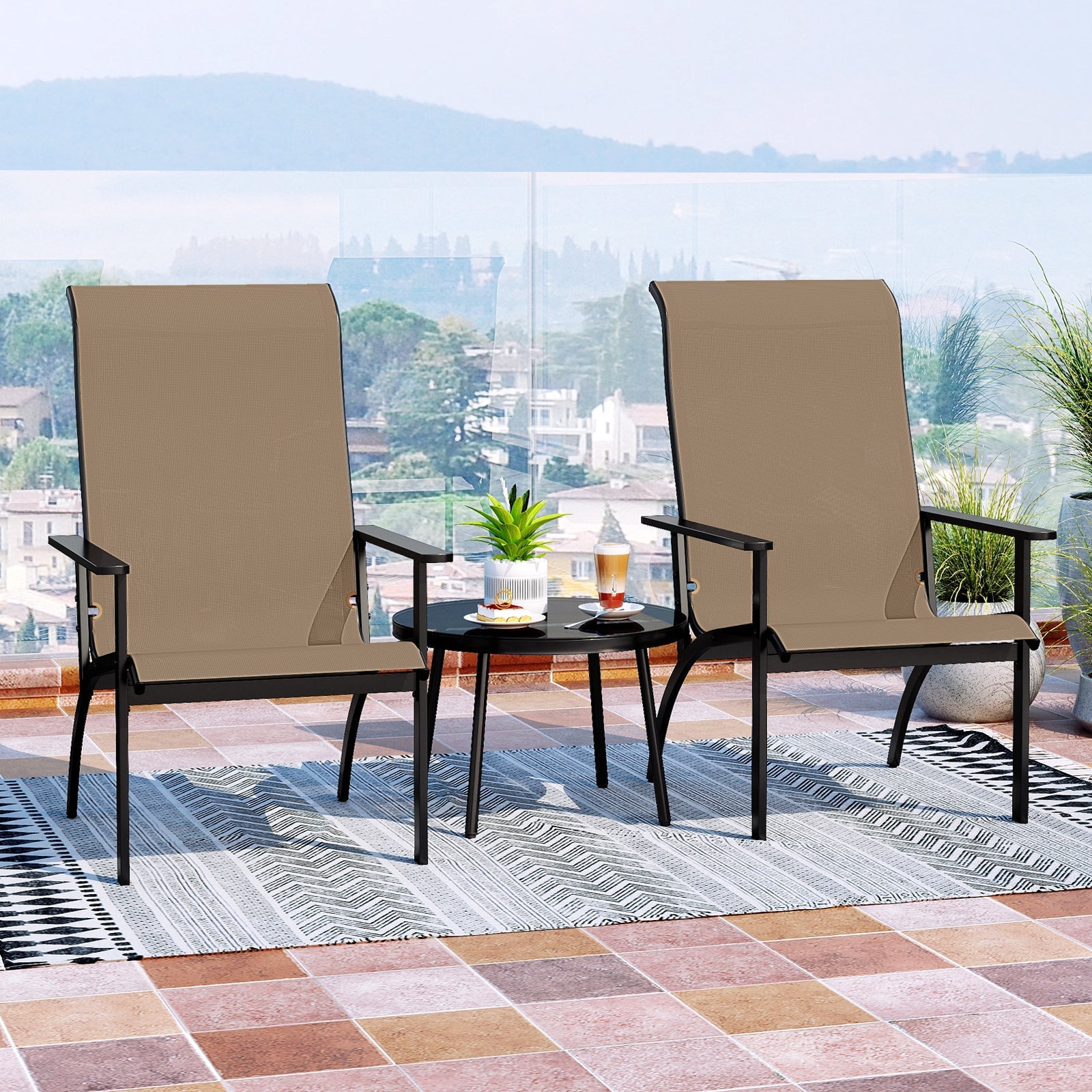 Outdoor Adirondack Chair with High Back and Metal Frame for Porch Garden-Coffee - Cheeky Garden