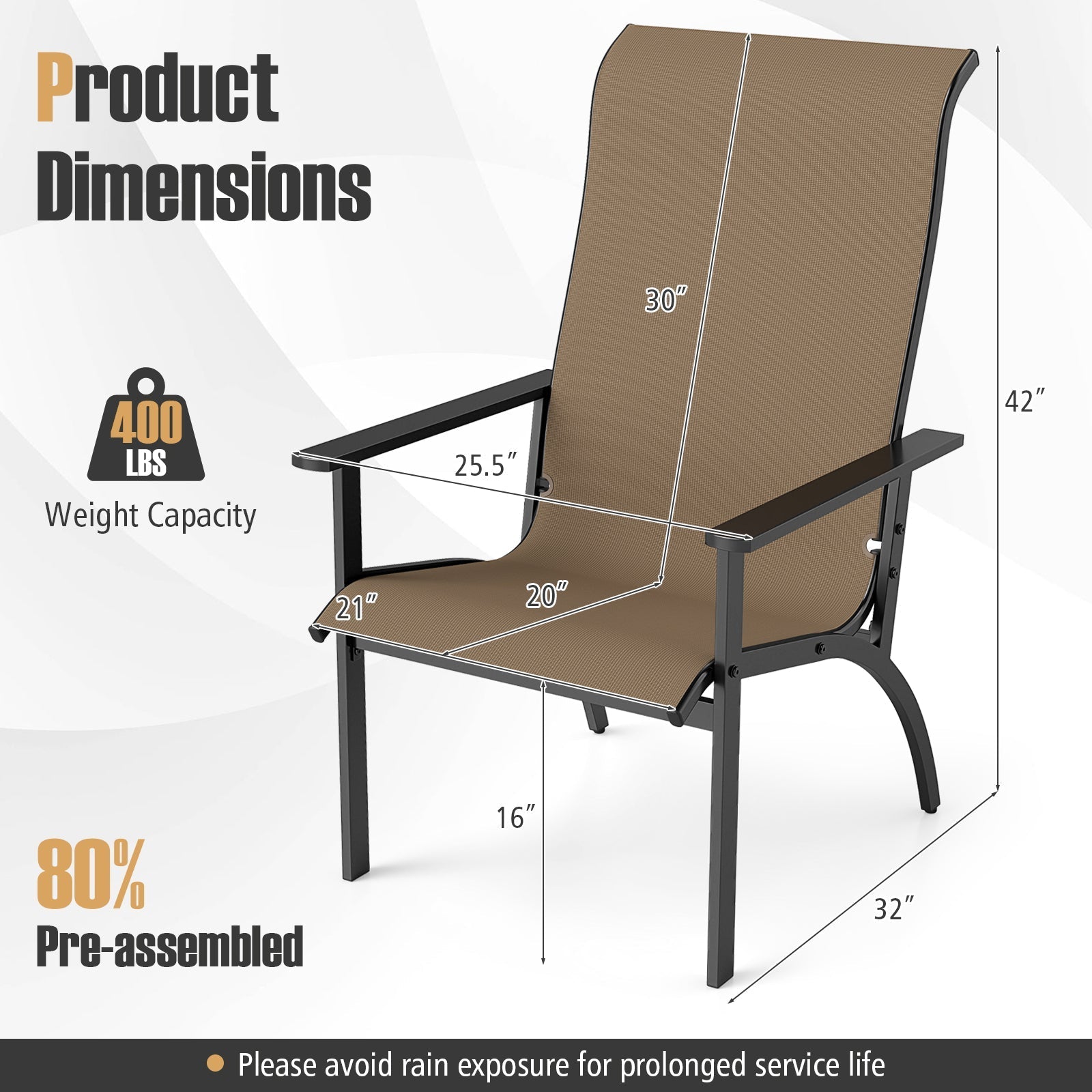 Outdoor Adirondack Chair with High Back and Metal Frame for Porch Garden-Coffee - Cheeky Garden