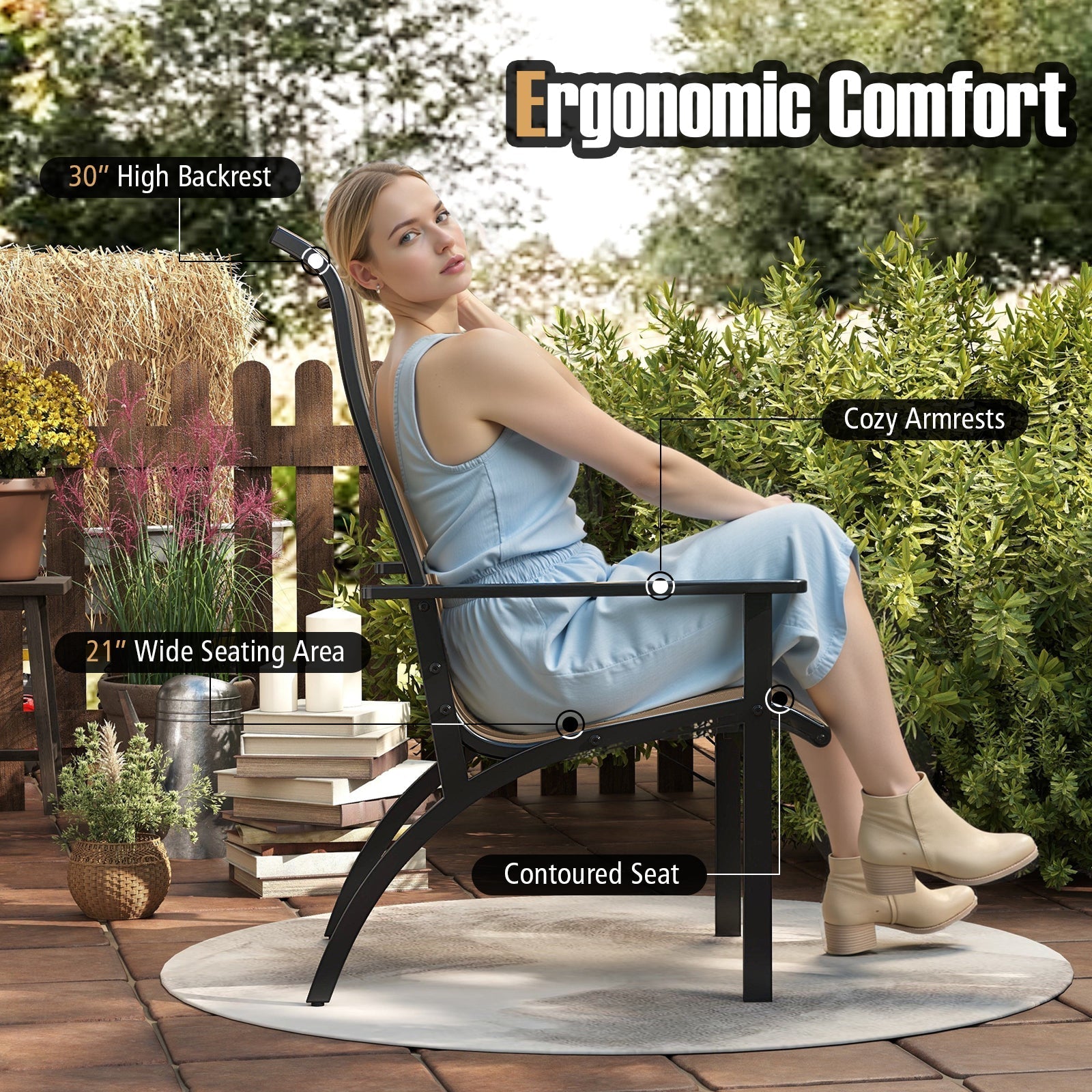 Outdoor Adirondack Chair with High Back and Metal Frame for Porch Garden-Coffee - Cheeky Garden
