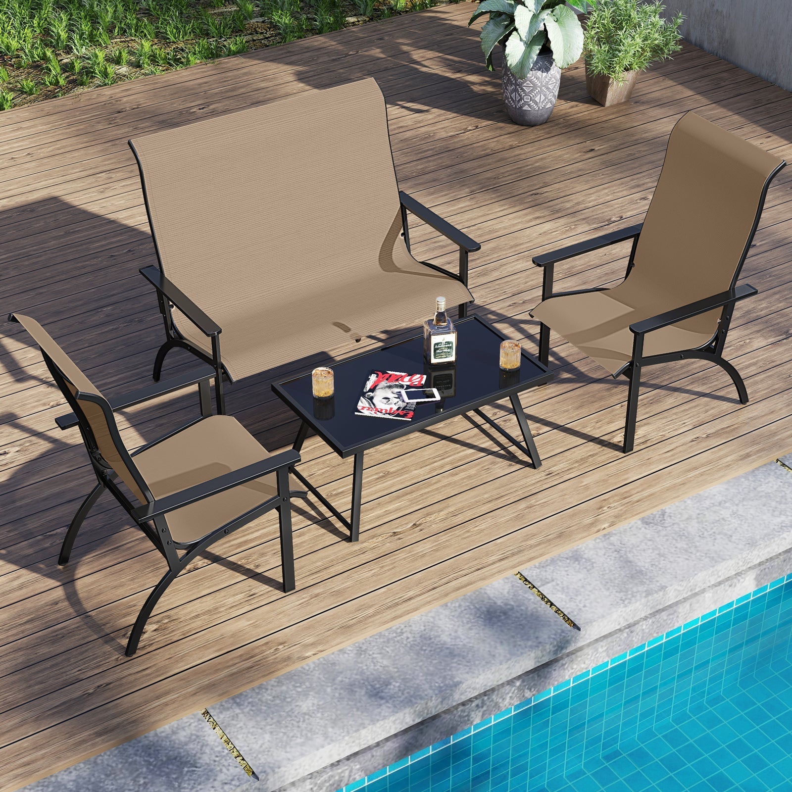 Outdoor Adirondack Chair with High Back and Metal Frame for Porch Garden-Coffee - Cheeky Garden