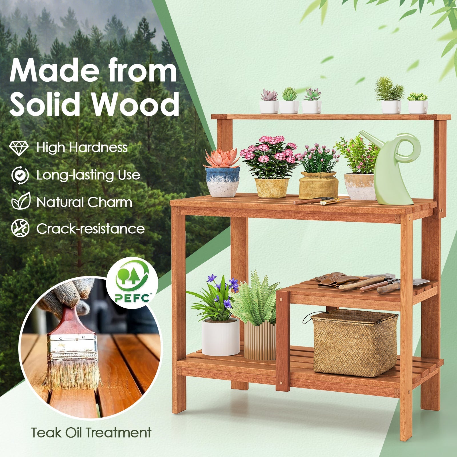 Outdoor Garden Potting Wood Planting Workstation with Open Shelves - Cheeky Garden