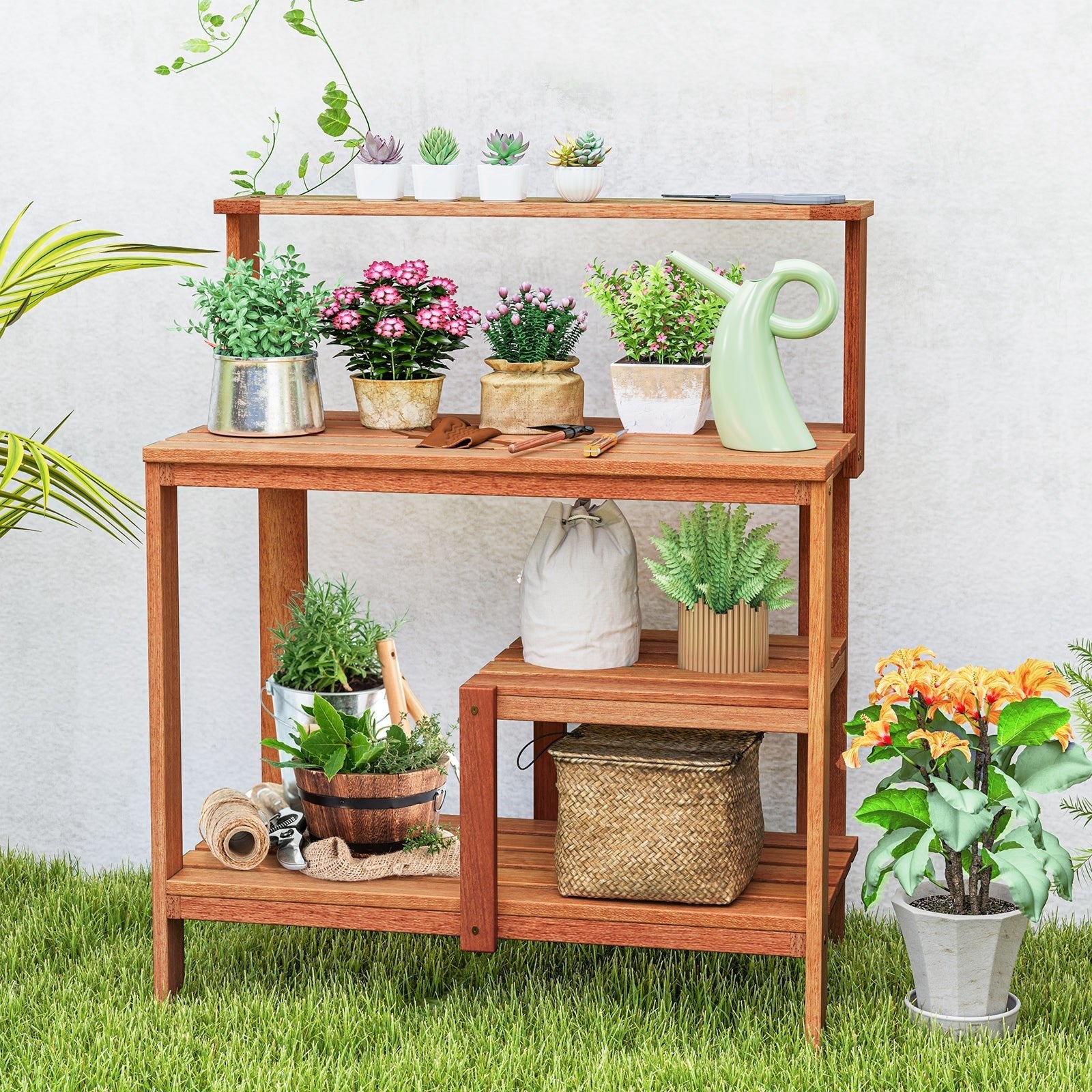 Outdoor Garden Potting Wood Planting Workstation with Open Shelves - Cheeky Garden