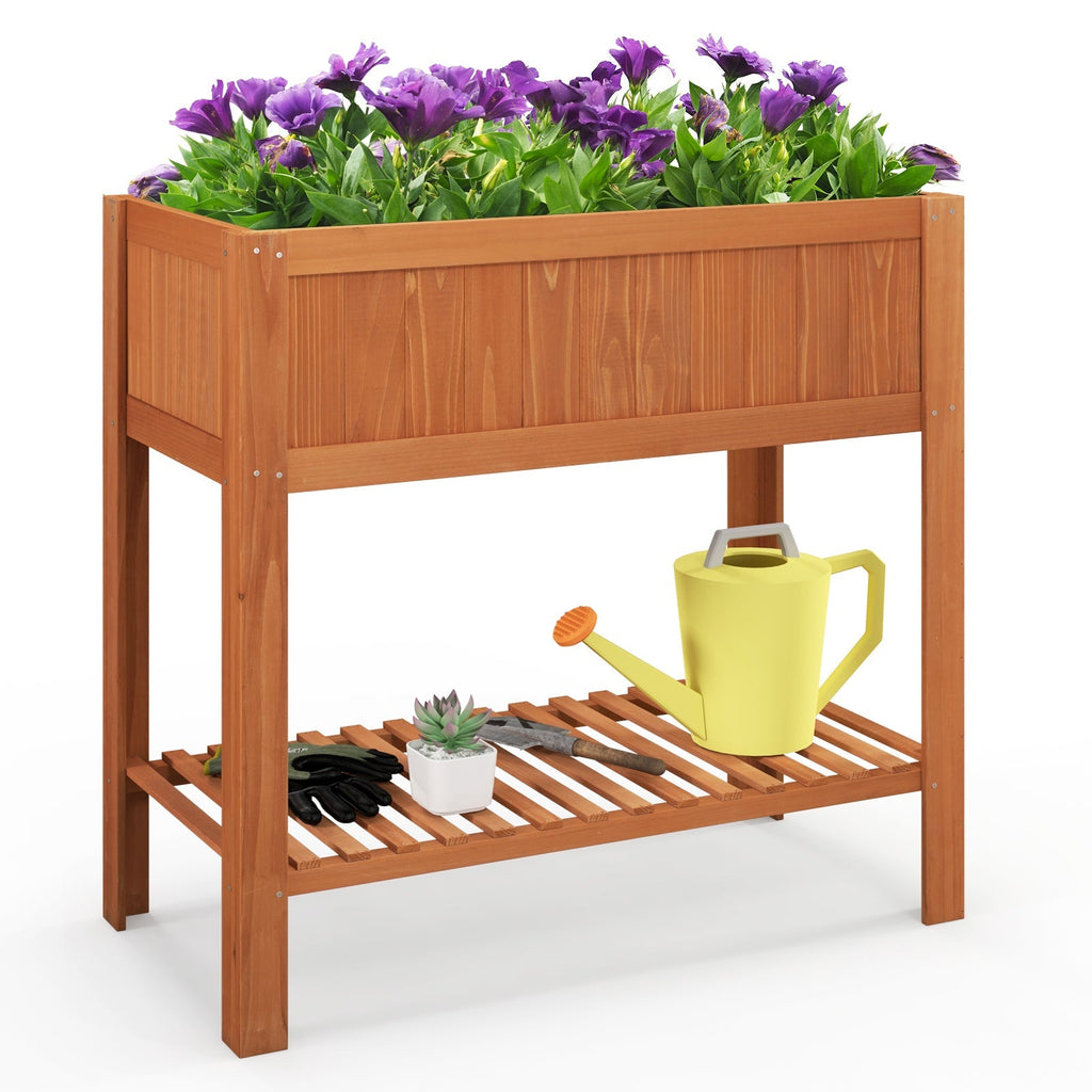 Outdoor Raised Garden Bed Fir Wood Planter Box with Bottom Storage Shelf and Protective Liner-Brown - Cheeky Garden
