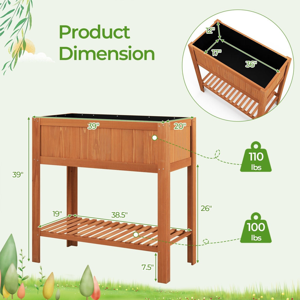 Outdoor Raised Garden Bed Fir Wood Planter Box with Bottom Storage Shelf and Protective Liner-Brown - Cheeky Garden