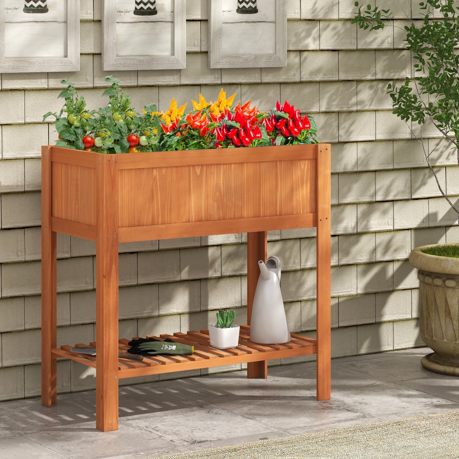 Outdoor Raised Garden Bed Fir Wood Planter Box with Bottom Storage Shelf and Protective Liner-Brown - Cheeky Garden