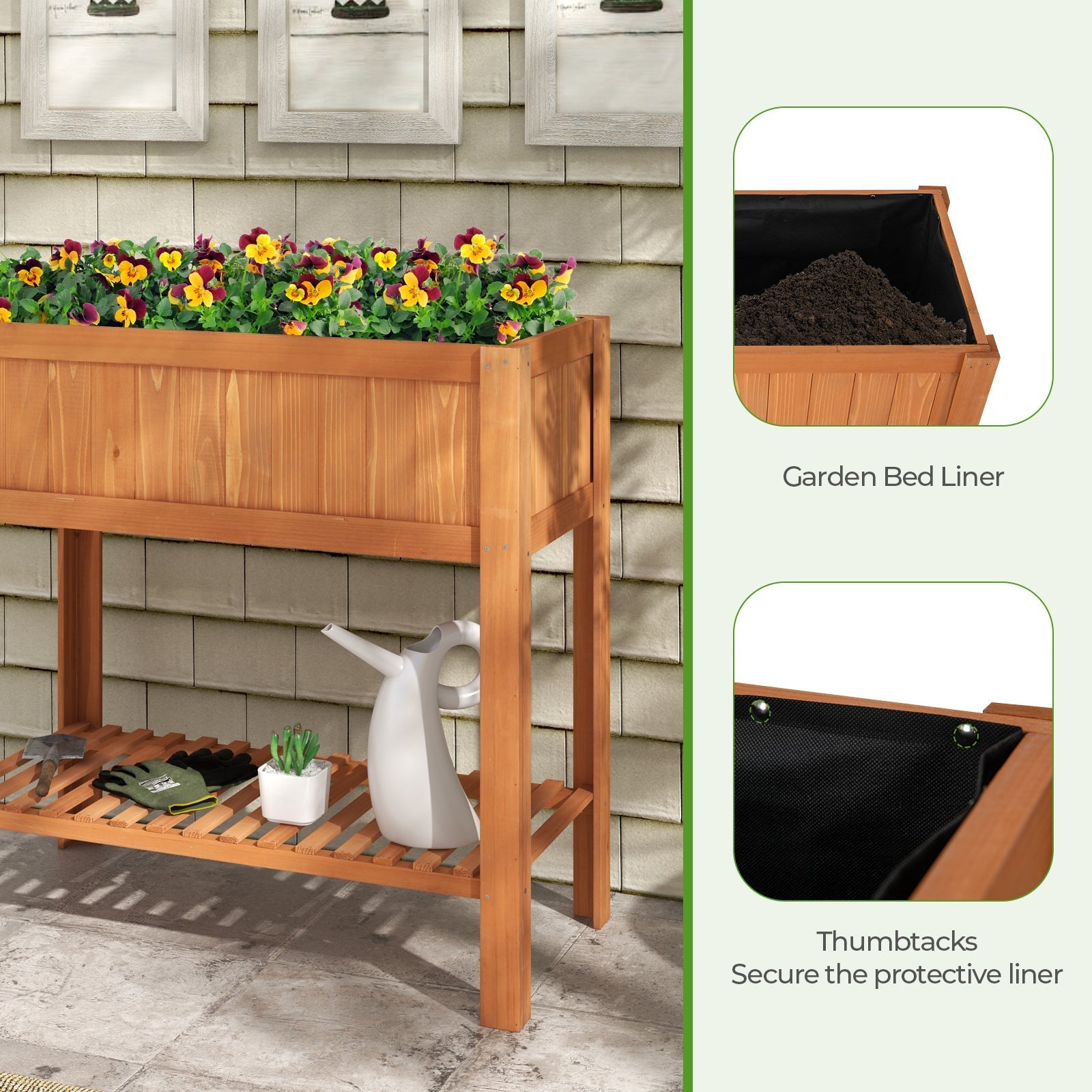 Outdoor Raised Garden Bed Fir Wood Planter Box with Bottom Storage Shelf and Protective Liner-Brown - Cheeky Garden