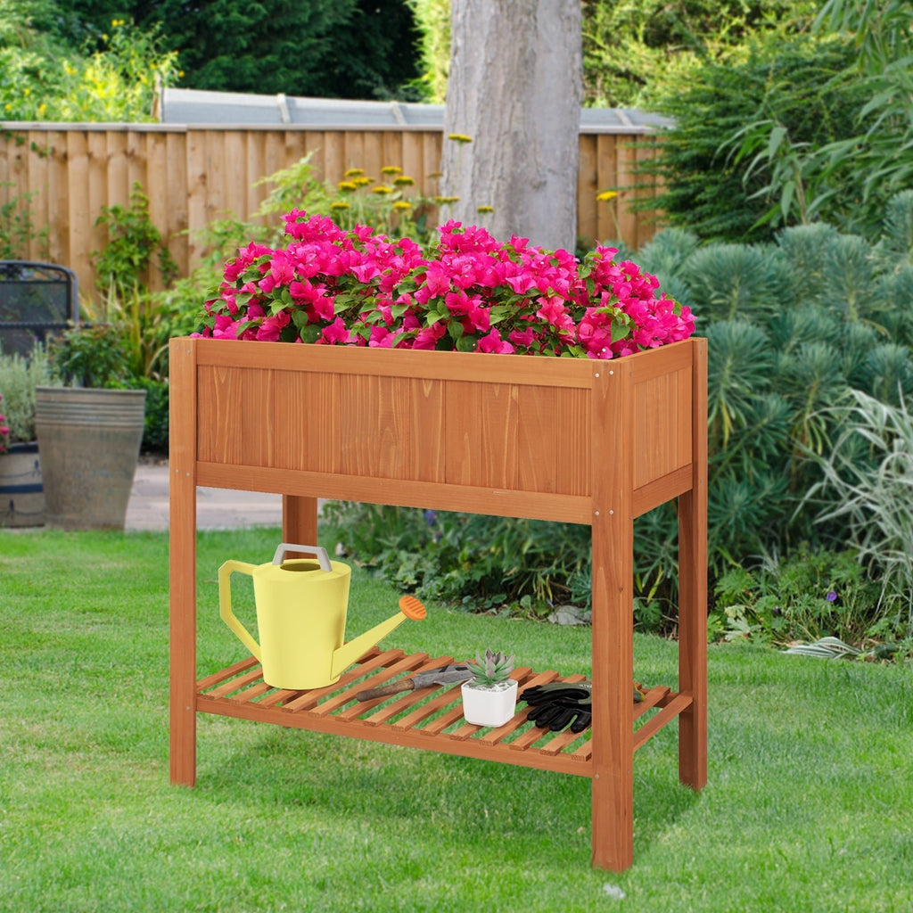 Outdoor Raised Garden Bed Fir Wood Planter Box with Bottom Storage Shelf and Protective Liner-Brown - Cheeky Garden