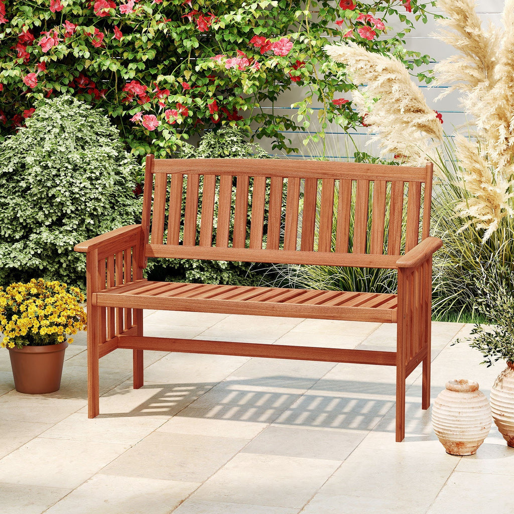 Outdoor Wood Garden Bench 2-Person Patio Park Bench with Backrest Armrests and Slatted Seat - Cheeky Garden