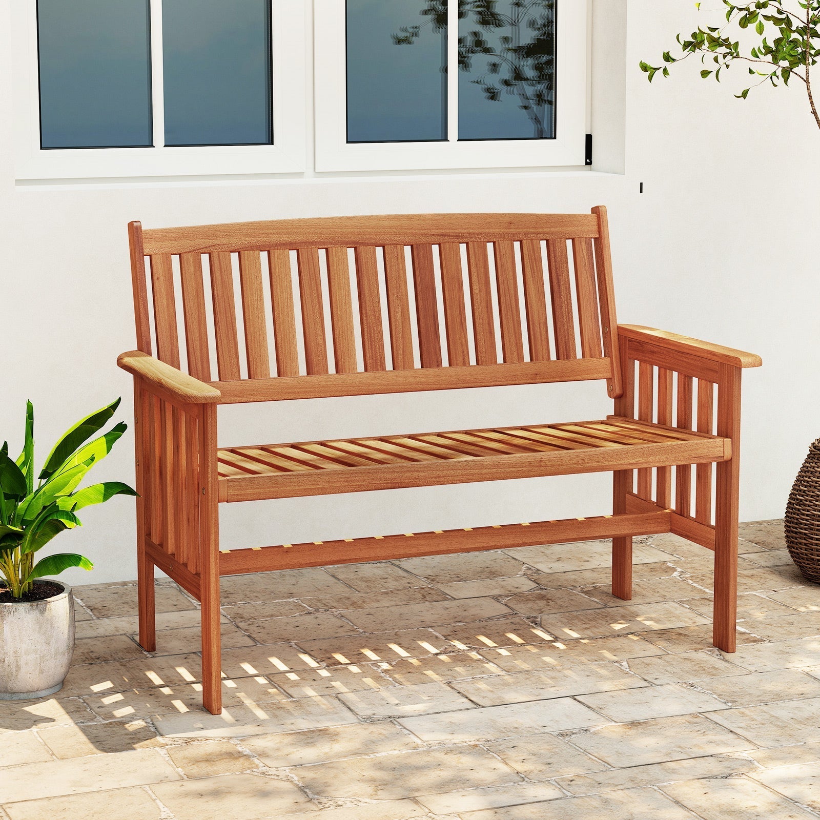 Outdoor Wood Garden Bench 2-Person Patio Park Bench with Backrest Armrests and Slatted Seat - Cheeky Garden