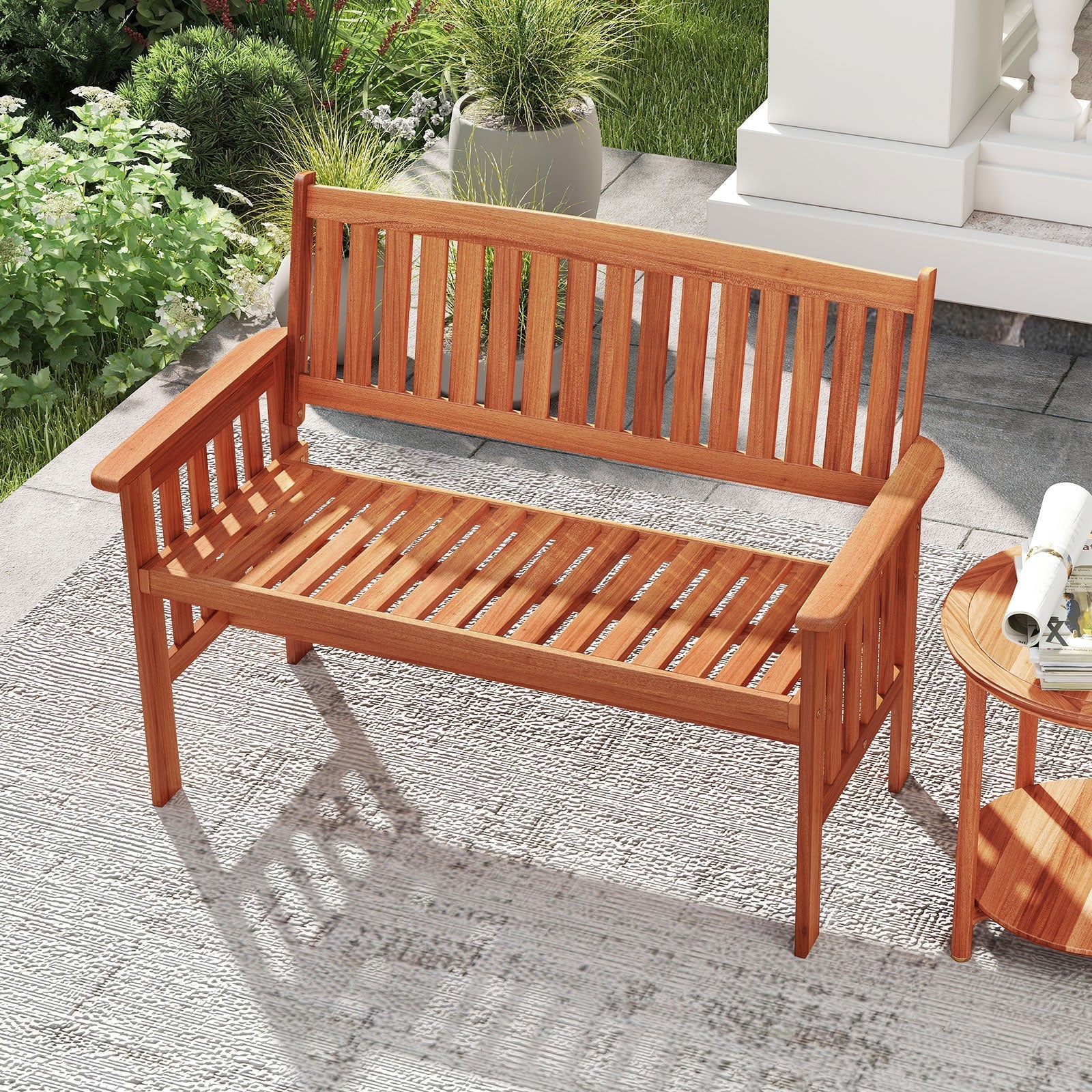 Outdoor Wood Garden Bench 2-Person Patio Park Bench with Backrest Armrests and Slatted Seat - Cheeky Garden