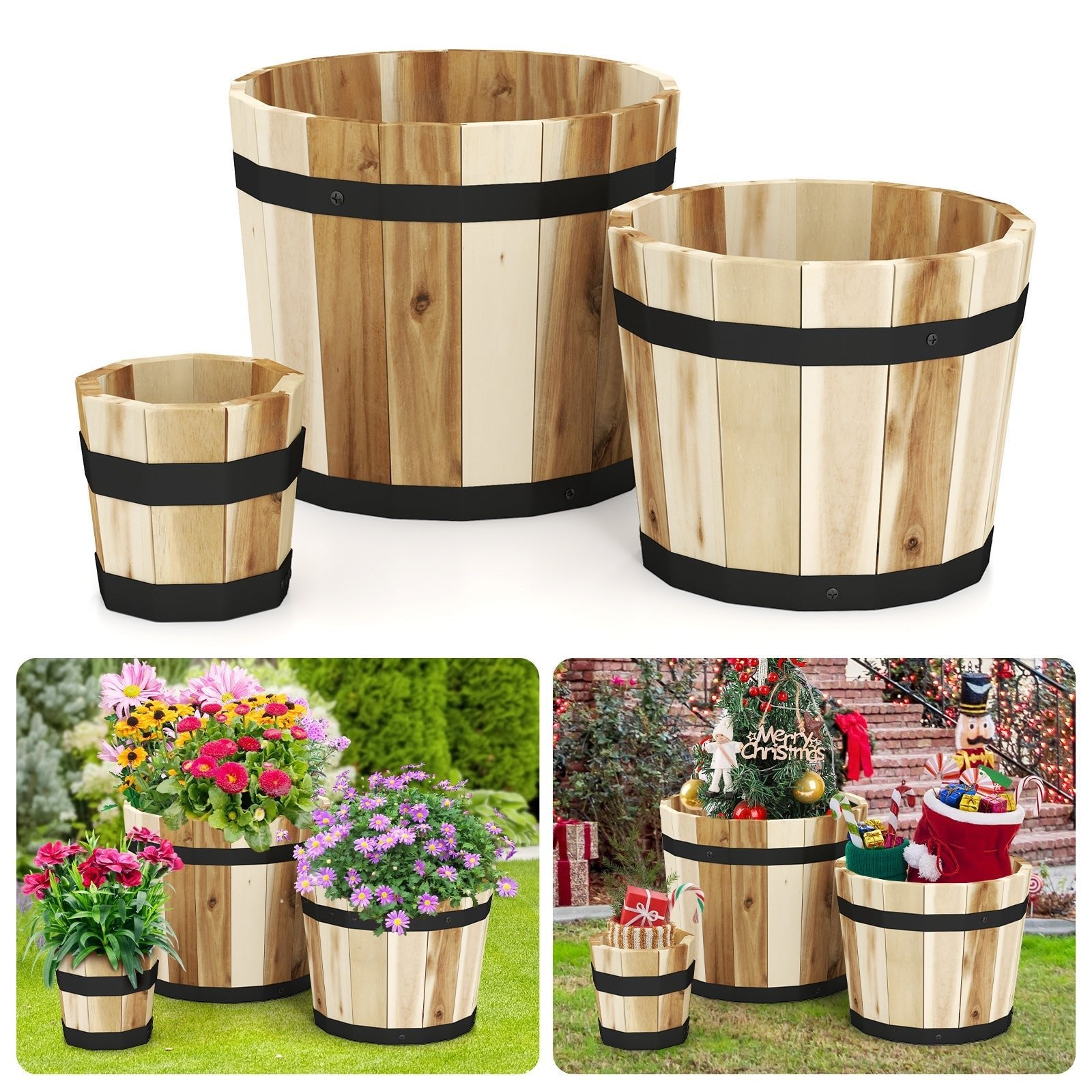 Outdoor Wooden Planter Box with Drainage Holes Set of 3 - Cheeky Garden