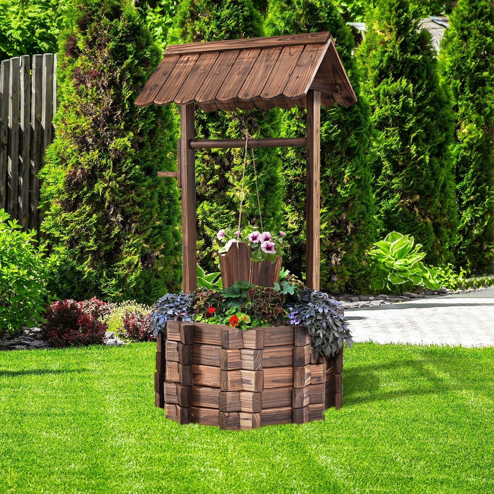 Outdoor Wooden Wishing Well Planter Bucket - Cheeky Garden