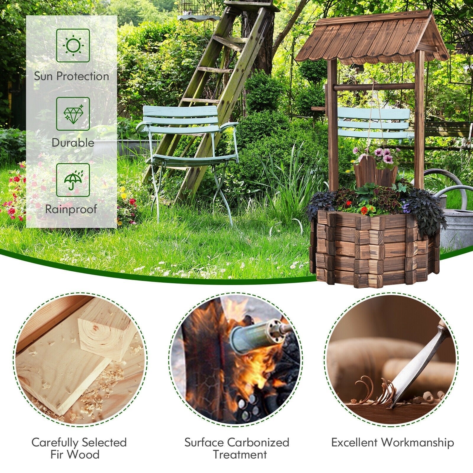 Outdoor Wooden Wishing Well Planter Bucket - Cheeky Garden