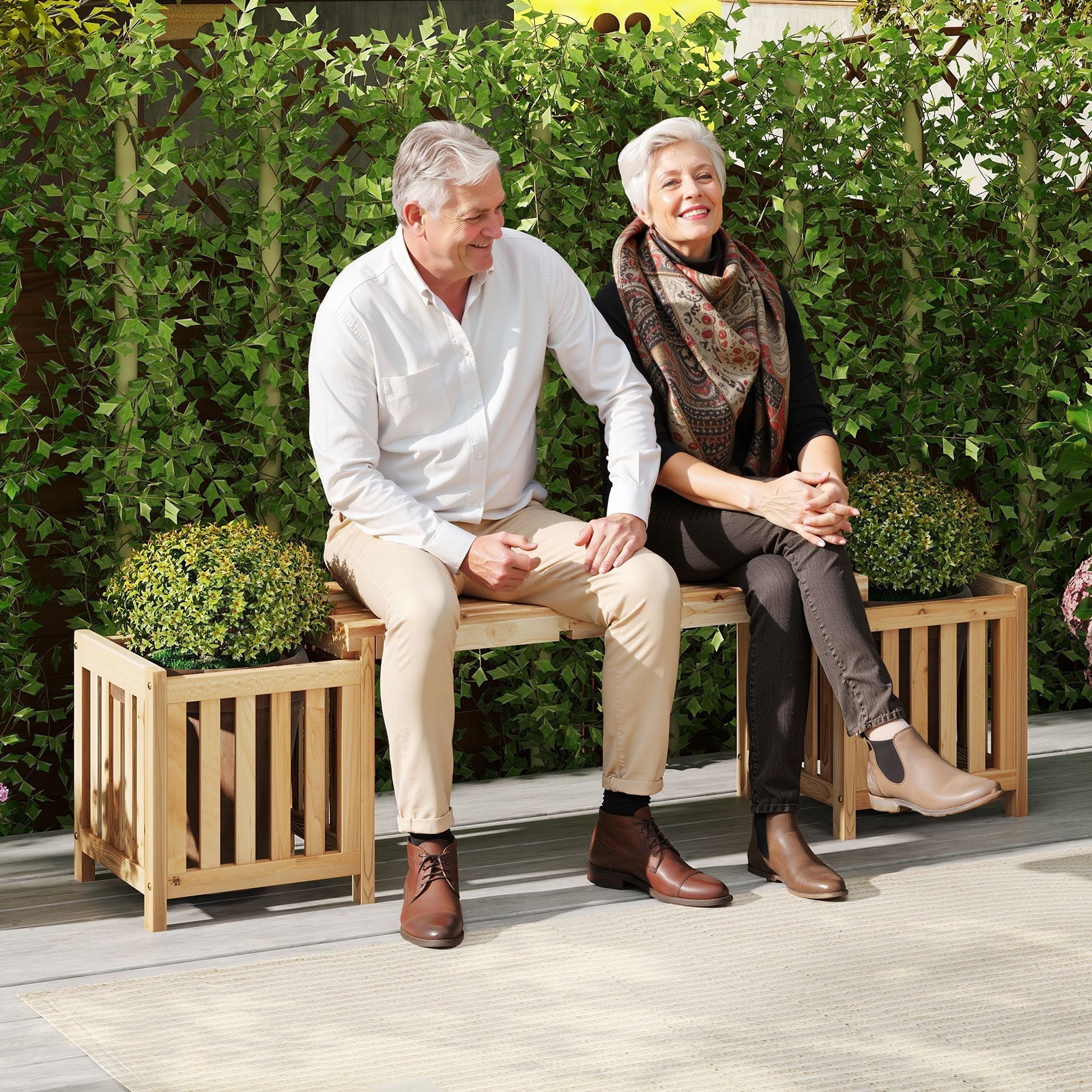 Patio Wooden Bench with Planter 2 Person Patio Bench-Natural - Cheeky Garden