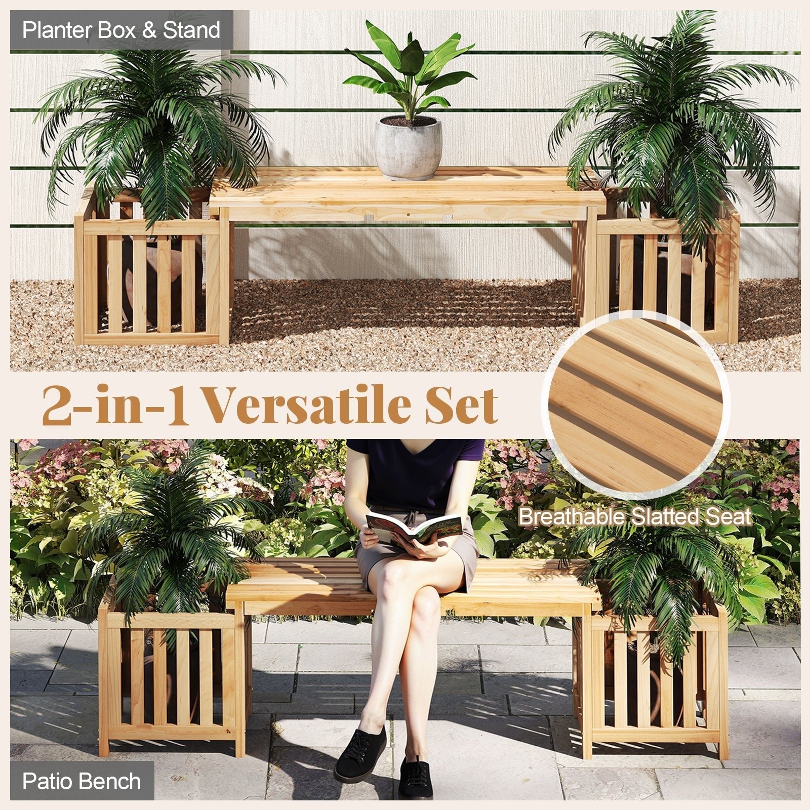 Patio Wooden Bench with Planter 2 Person Patio Bench-Natural - Cheeky Garden