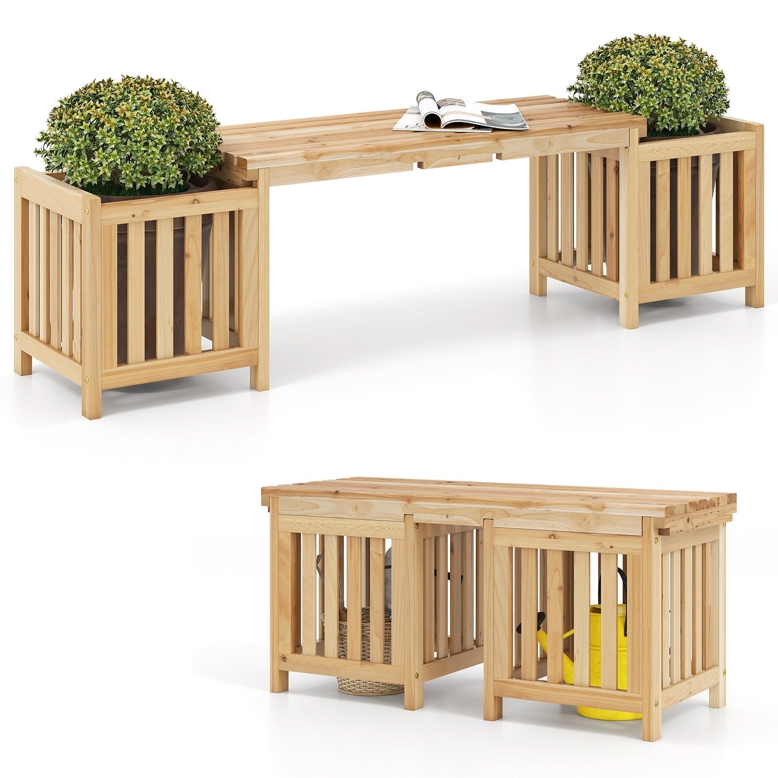Patio Wooden Bench with Planter 2 Person Patio Bench-Natural - Cheeky Garden
