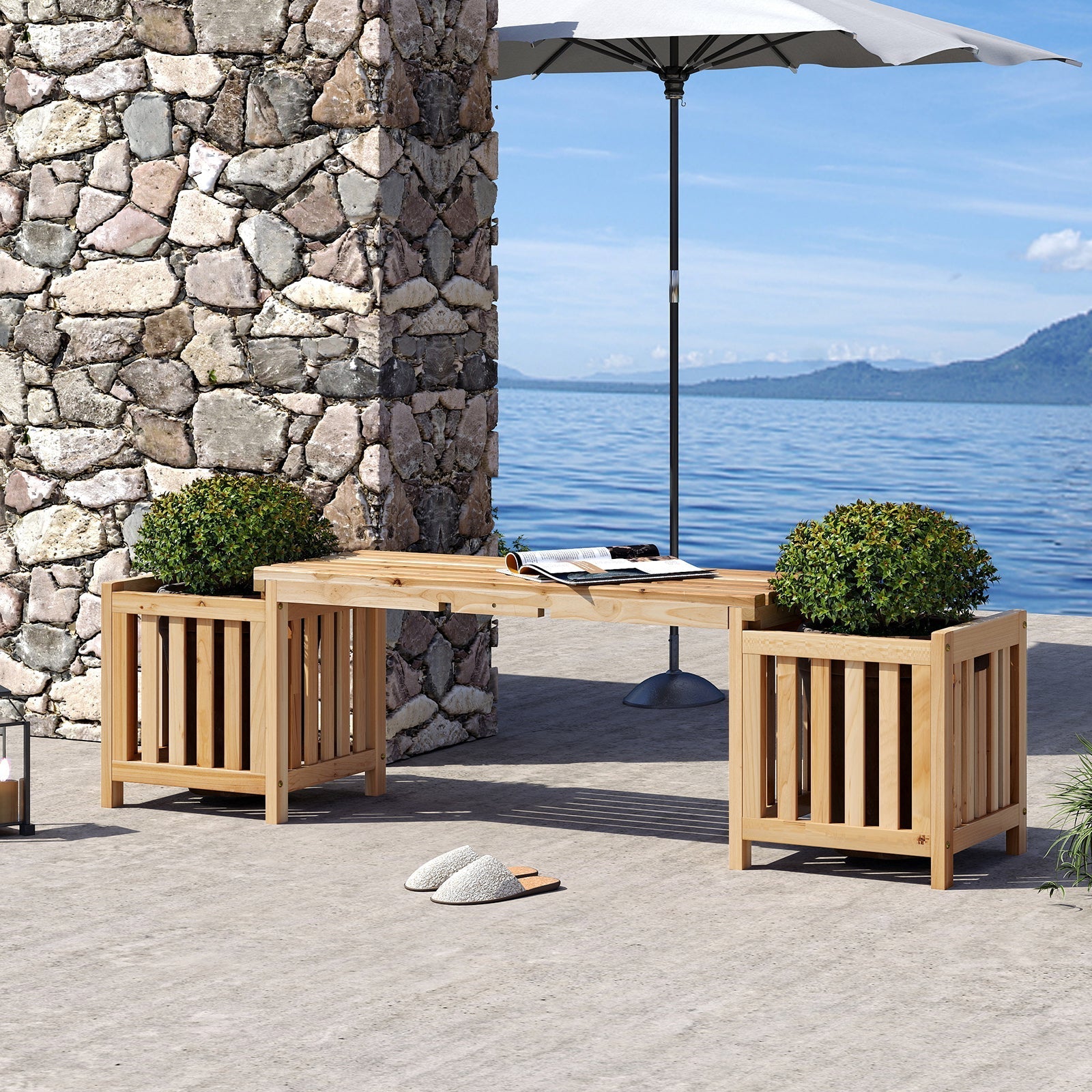 Patio Wooden Bench with Planter 2 Person Patio Bench-Natural - Cheeky Garden