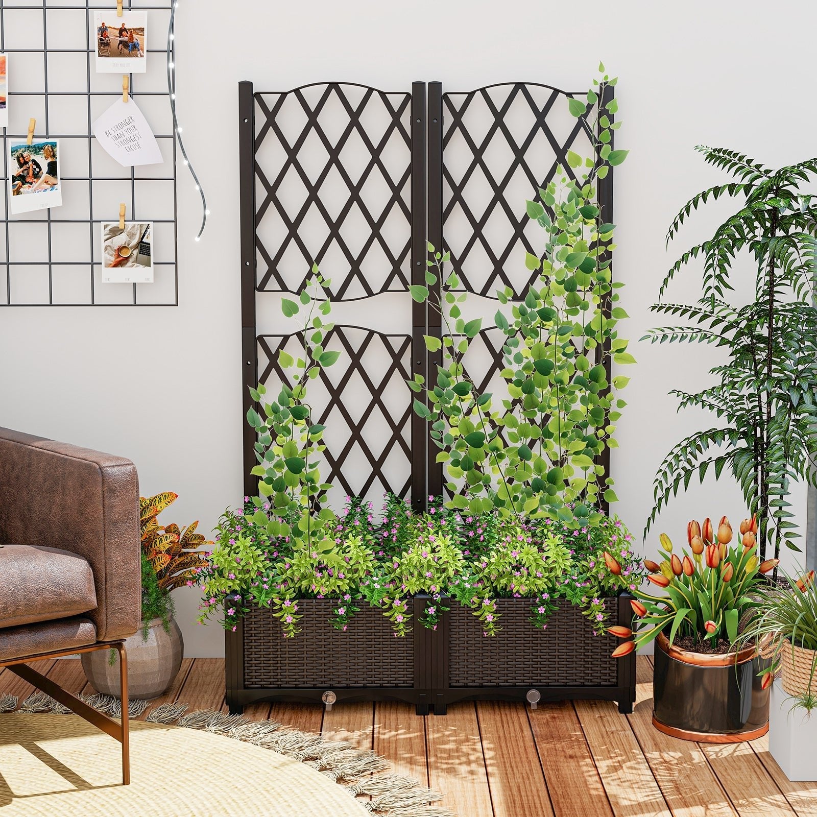 PE Rattan Raised Garden Bed with Trellis Planter Box for Climbing Plants-Brown - Cheeky Garden