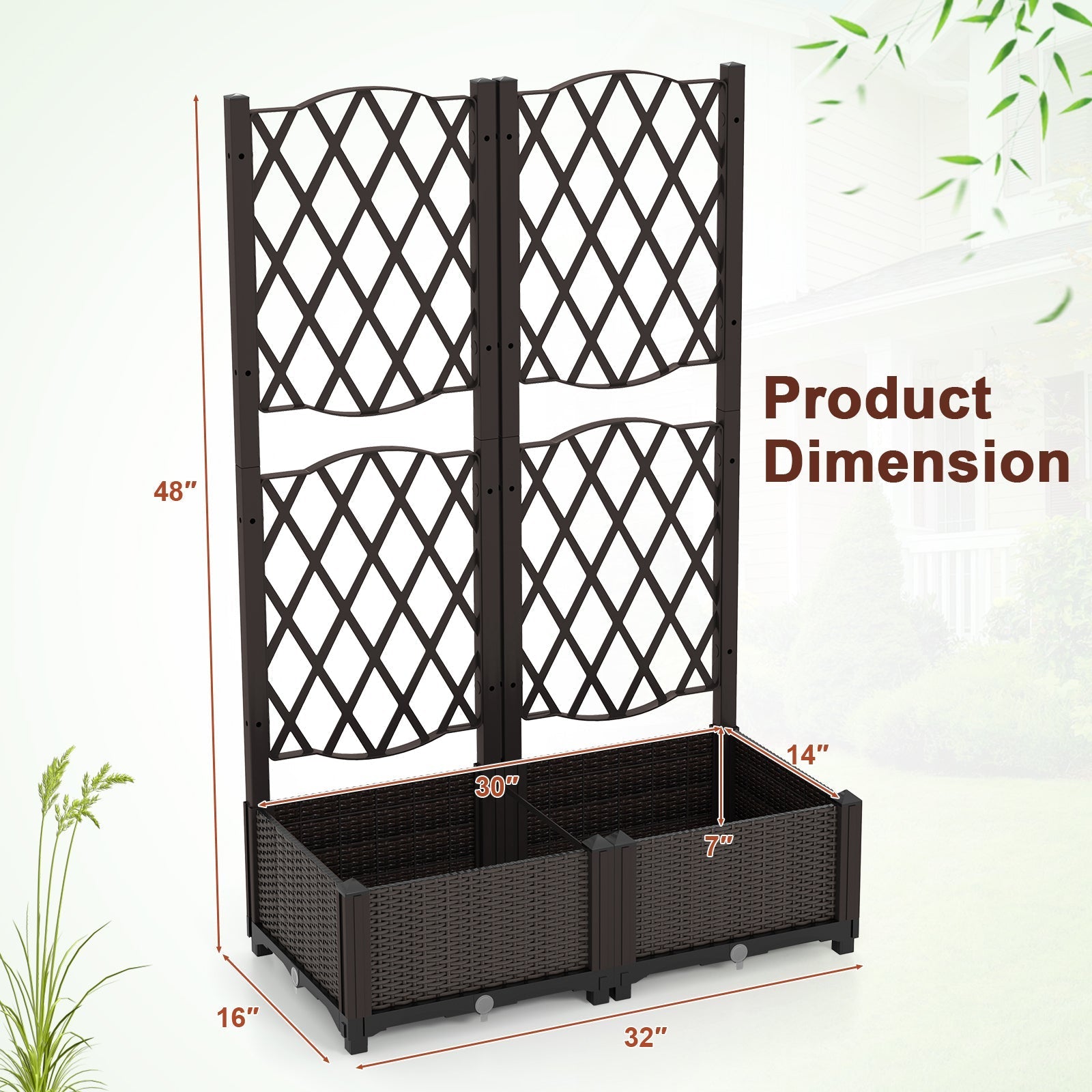PE Rattan Raised Garden Bed with Trellis Planter Box for Climbing Plants-Brown - Cheeky Garden
