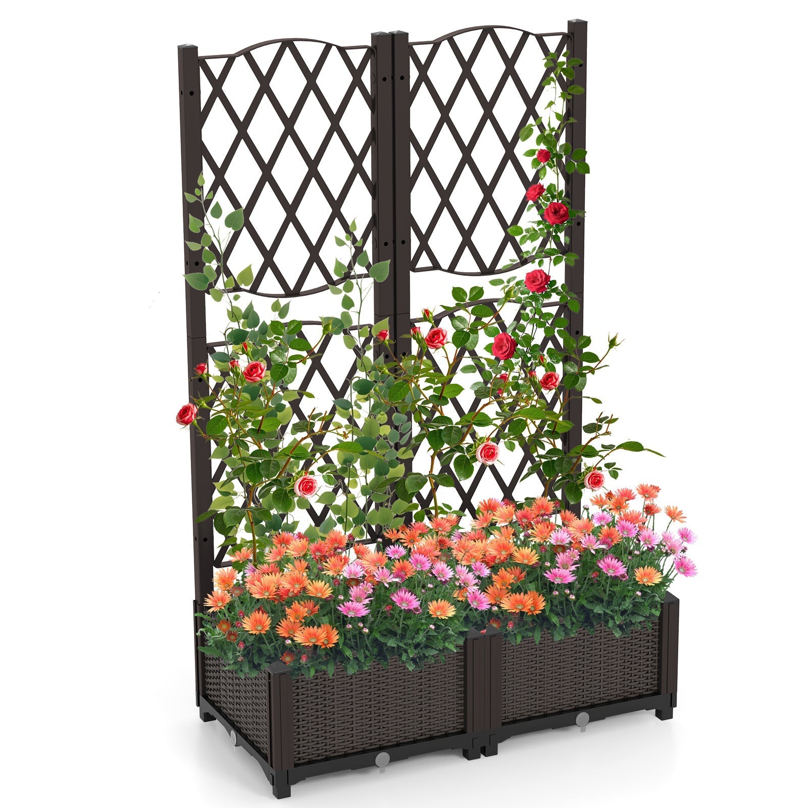 PE Rattan Raised Garden Bed with Trellis Planter Box for Climbing Plants-Brown - Cheeky Garden