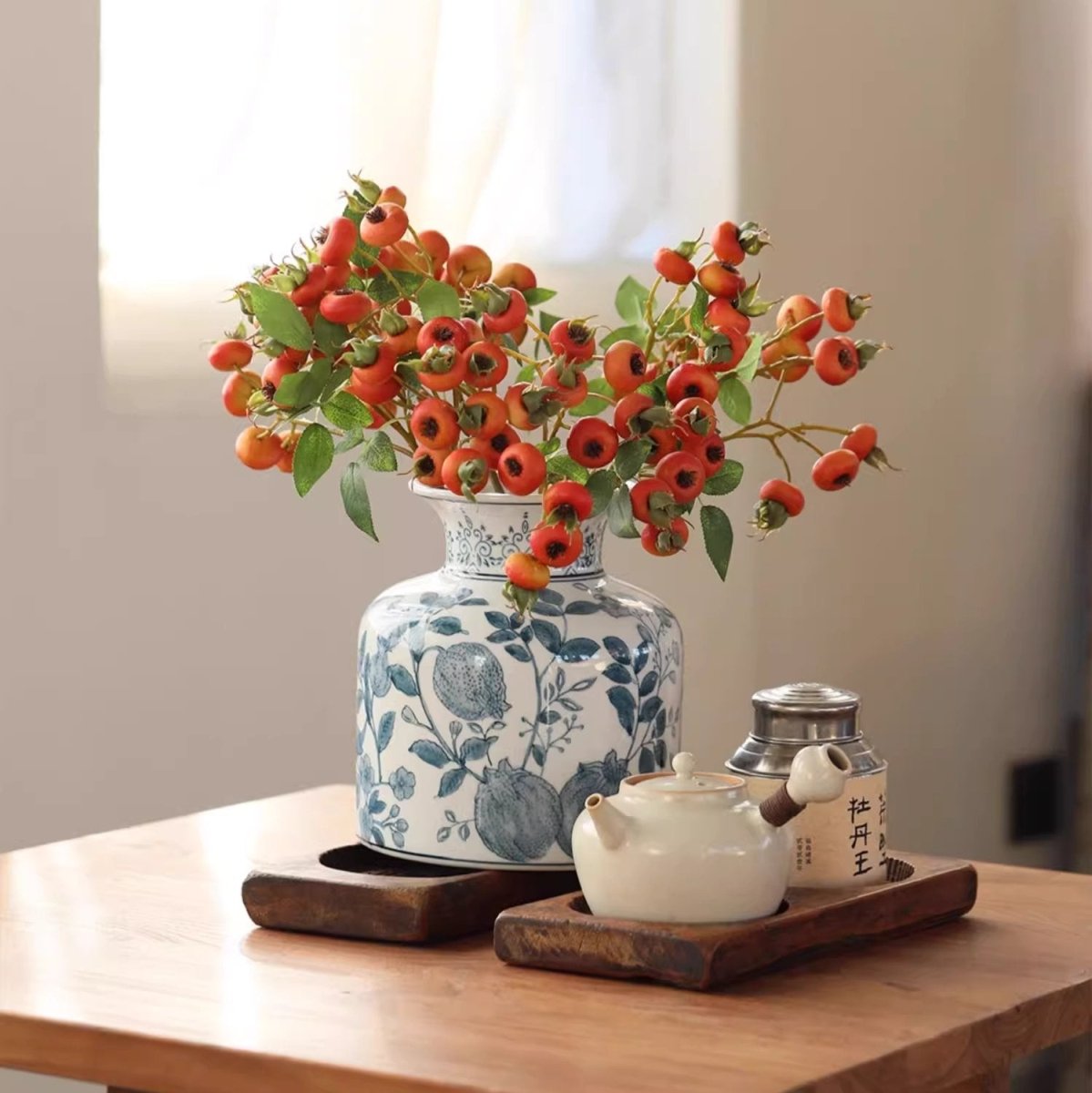 Pomegranate Hand-Painted Blue and White Porcelain Vase - Cheeky Garden