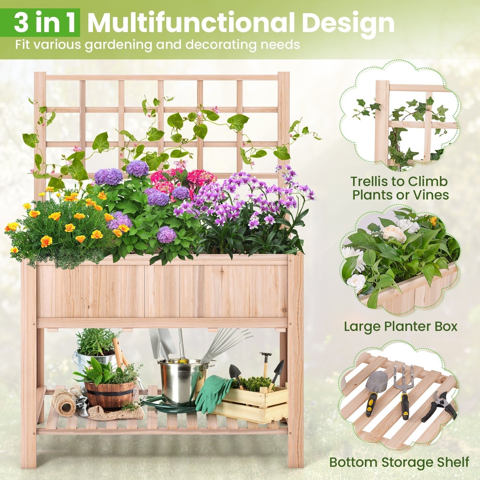 Raised Garden Bed Elevated Wooden Planter Box with Trellis - Cheeky Garden
