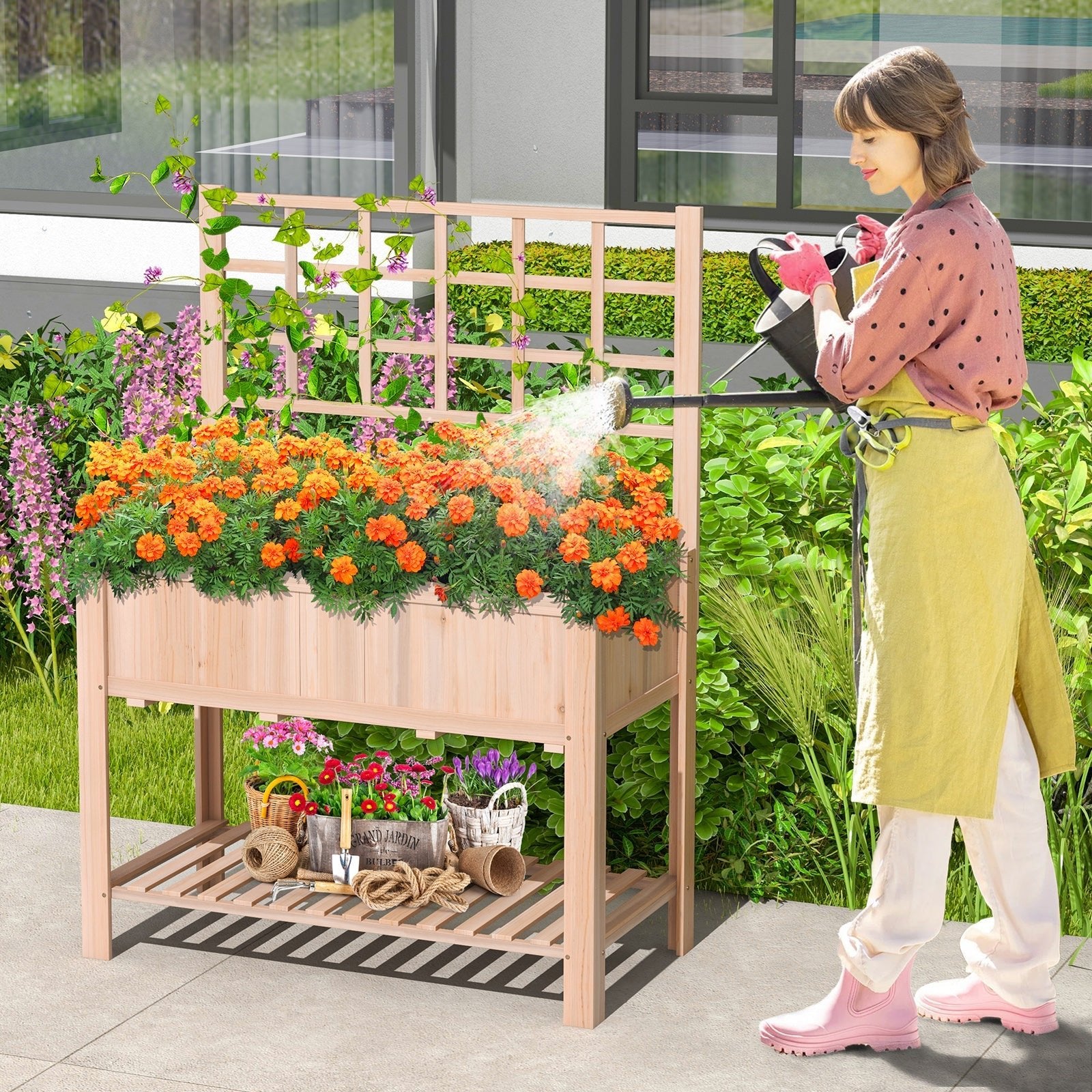 Raised Garden Bed Elevated Wooden Planter Box with Trellis - Cheeky Garden