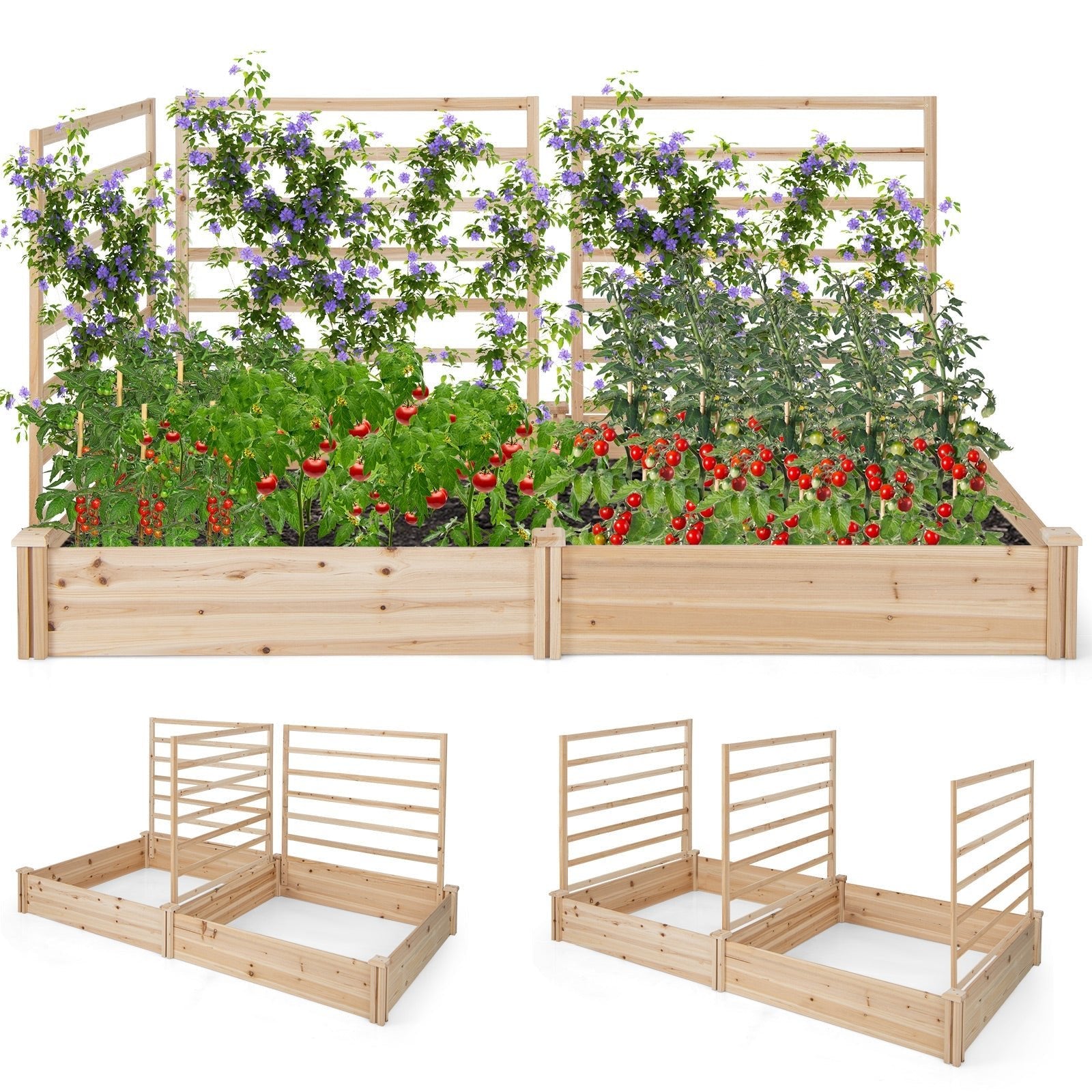 Raised Garden Bed with 2 Planter Boxes and 3 Trellis-Natural - Cheeky Garden