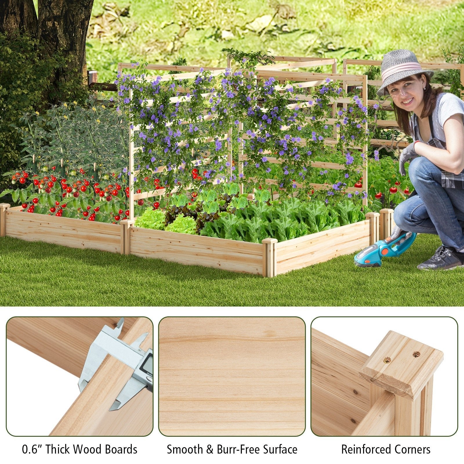 Raised Garden Bed with 2 Planter Boxes and 3 Trellis-Natural - Cheeky Garden