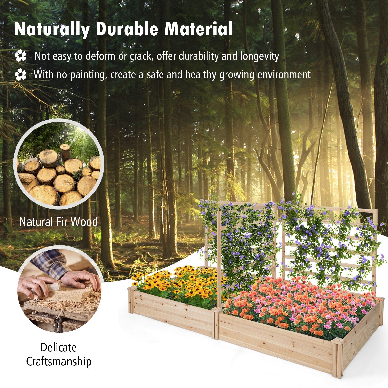 Raised Garden Bed with 2 Planter Boxes and 3 Trellis-Natural - Cheeky Garden