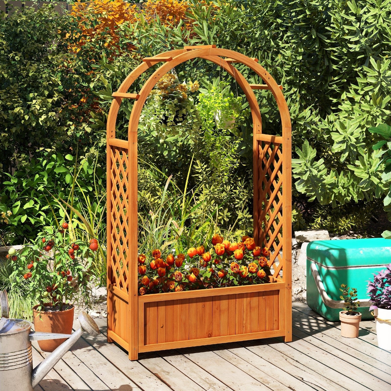 Raised Garden Bed with Lattice Trellis Ached Roof Wooden Elevated Planter Box-Brown - Cheeky Garden