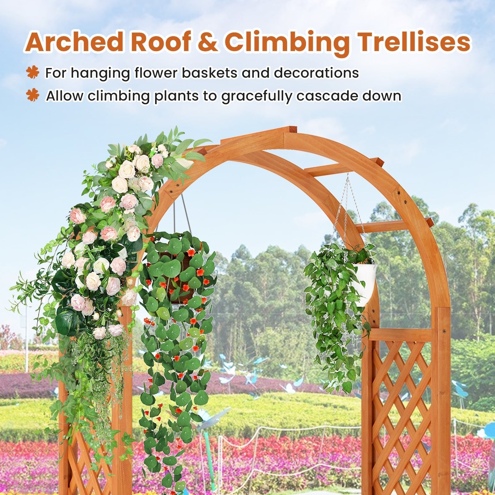 Raised Garden Bed with Lattice Trellis Ached Roof Wooden Elevated Planter Box-Brown - Cheeky Garden