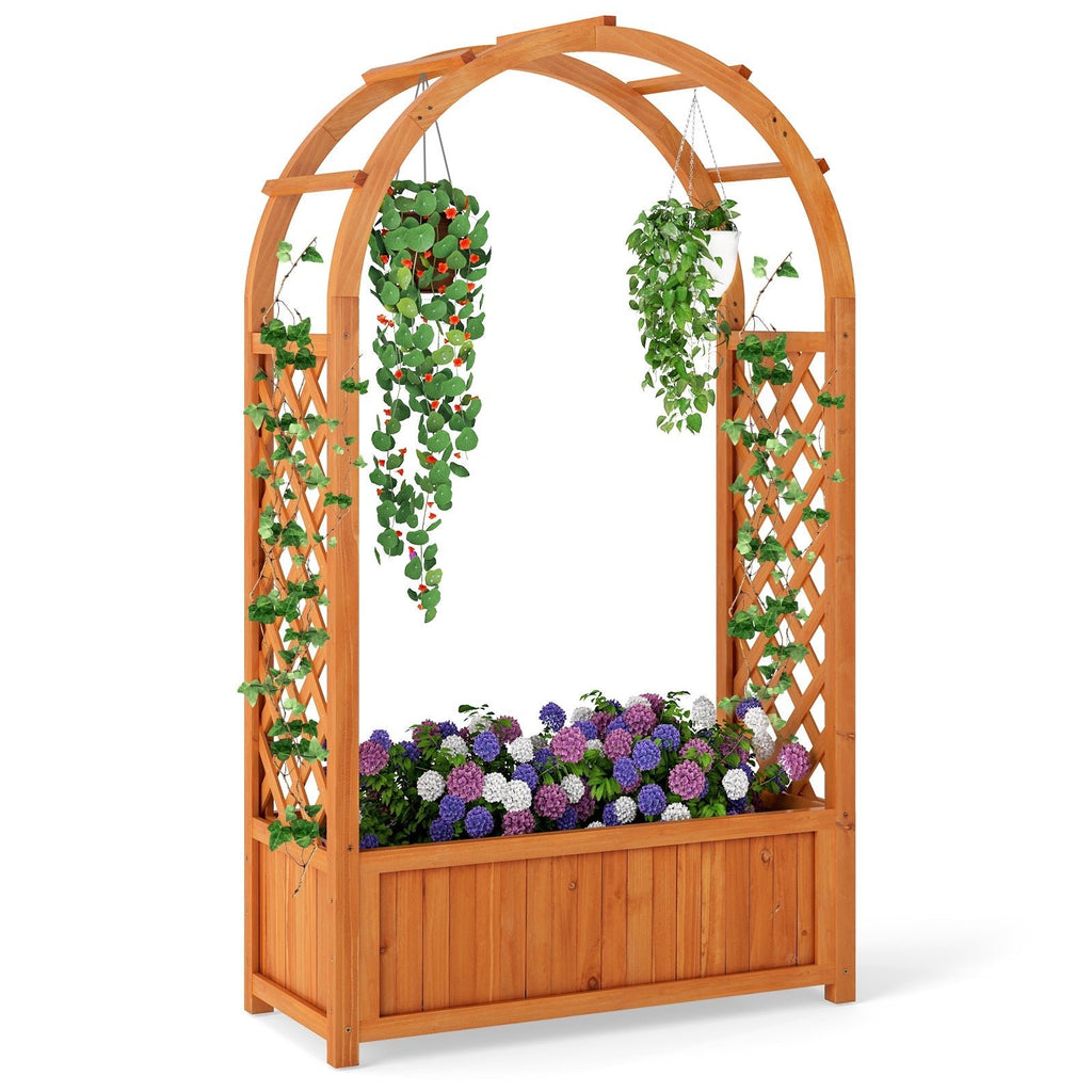 Raised Garden Bed with Lattice Trellis Ached Roof Wooden Elevated Planter Box-Brown - Cheeky Garden