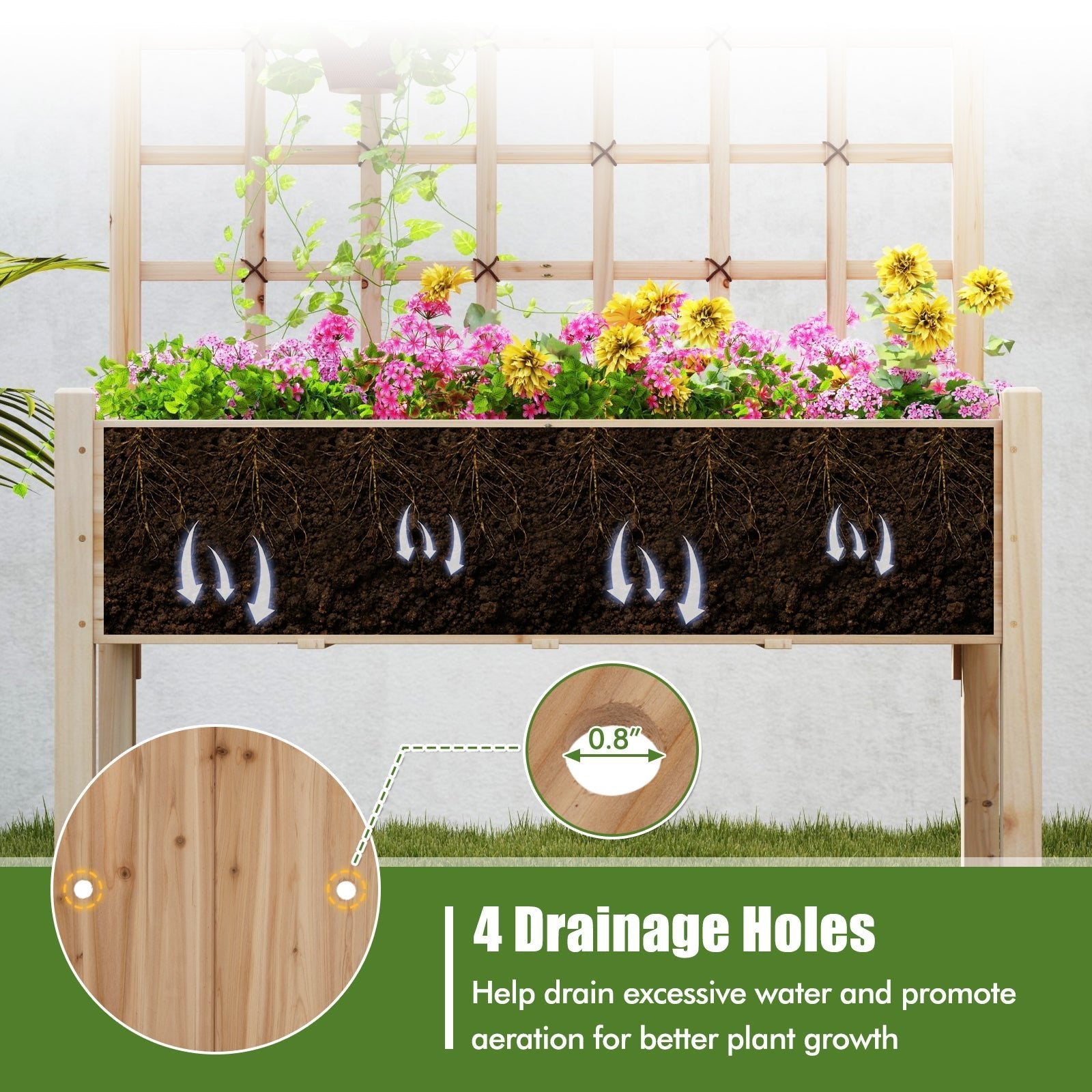 Raised Garden Bed with Lattice Trellis and Drainage Holes Elevated-Natural - Cheeky Garden