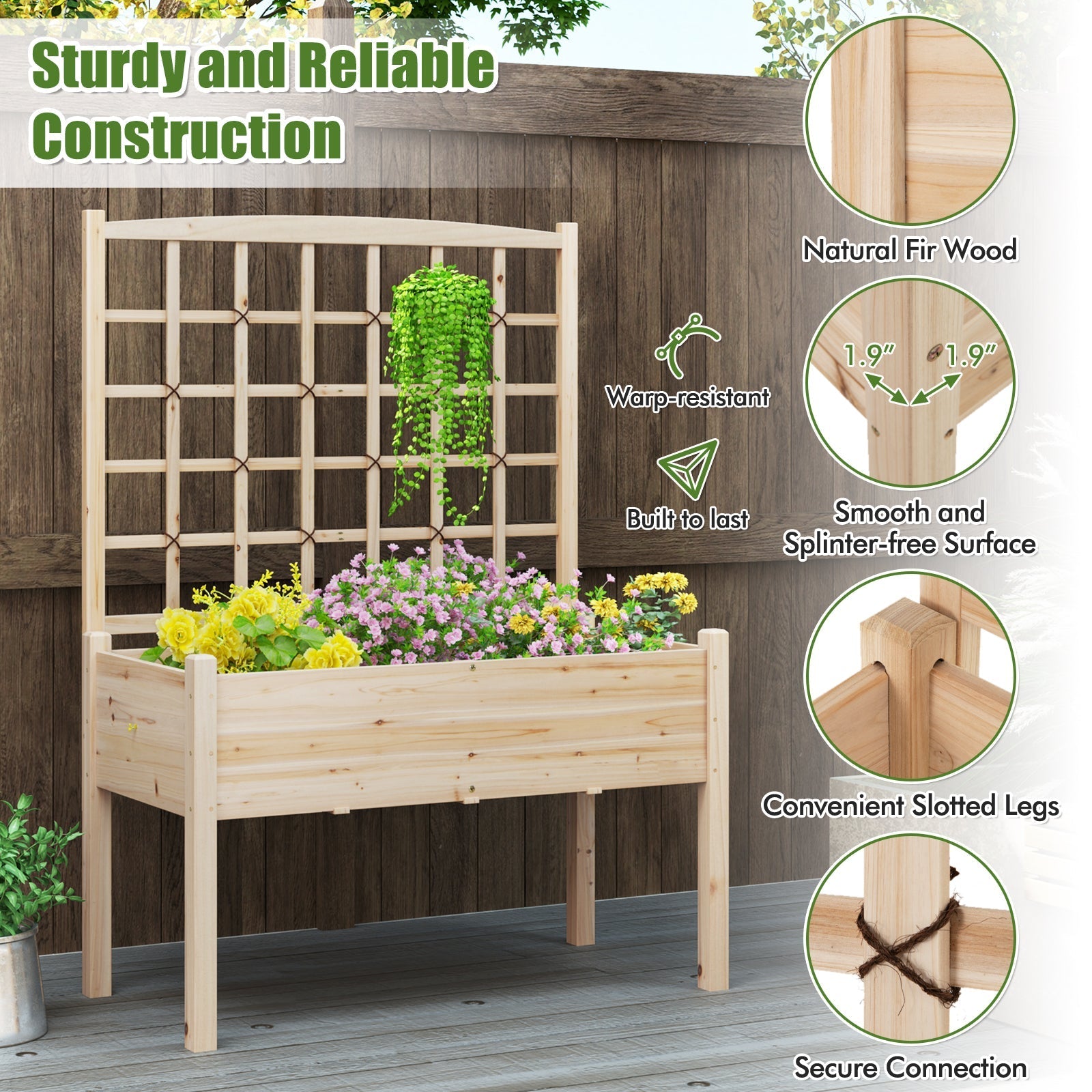 Raised Garden Bed with Lattice Trellis and Drainage Holes Elevated-Natural - Cheeky Garden